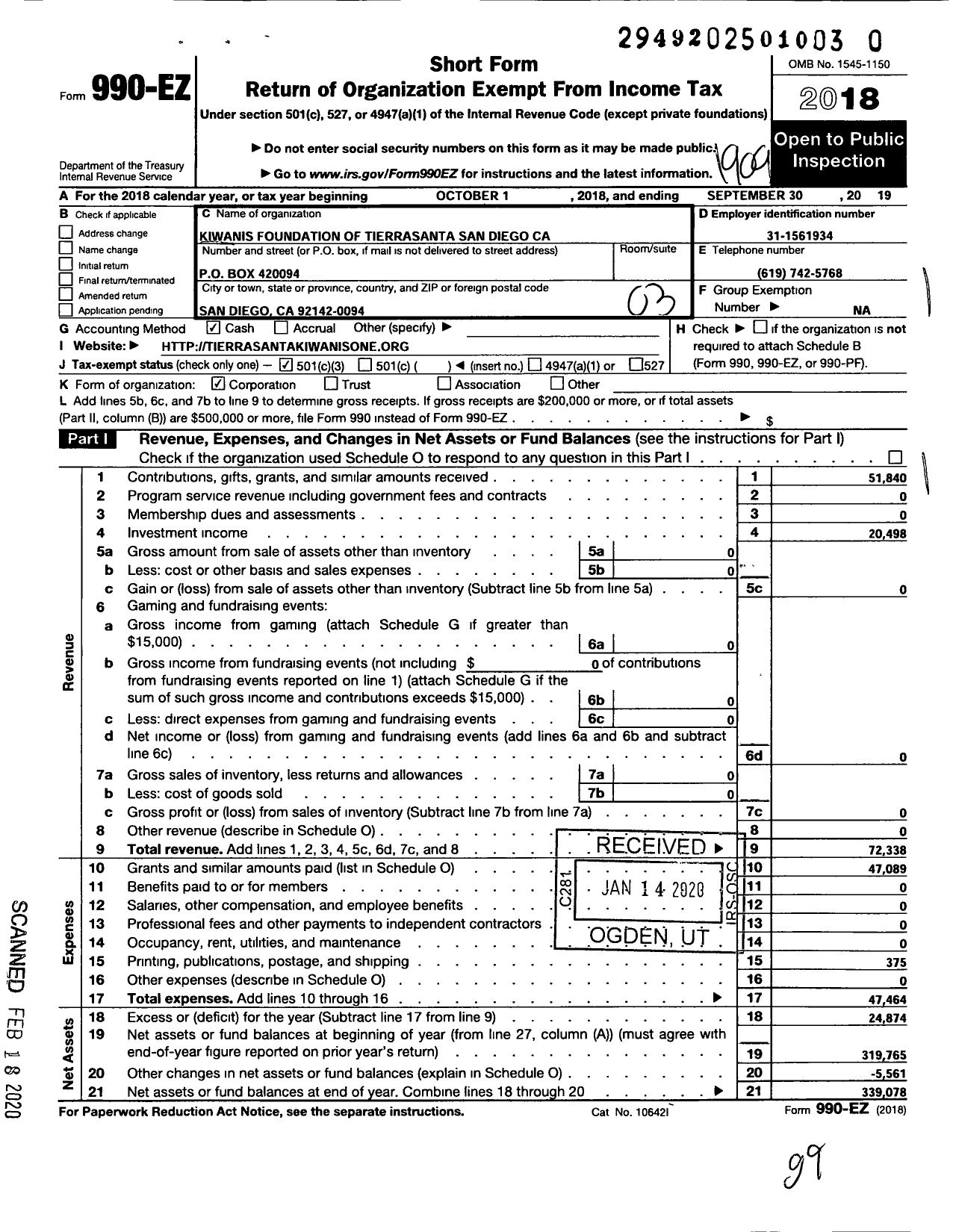 Image of first page of 2018 Form 990EZ for Kiwanis Foundation of Tierrasanta San Diego California