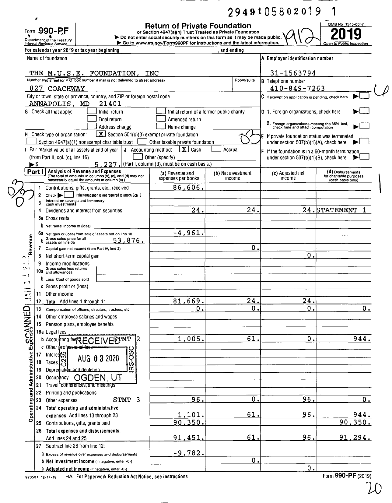 Image of first page of 2019 Form 990PF for The Muse Foundation