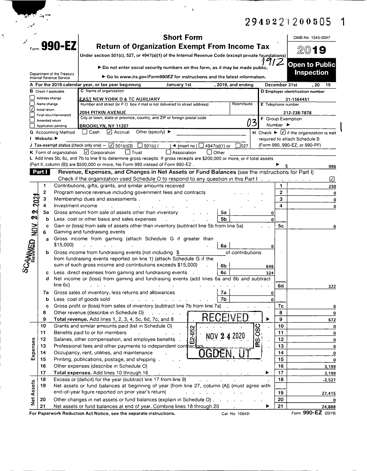 Image of first page of 2019 Form 990EZ for East New York Diagnostic and Treatment Center Auxiliary