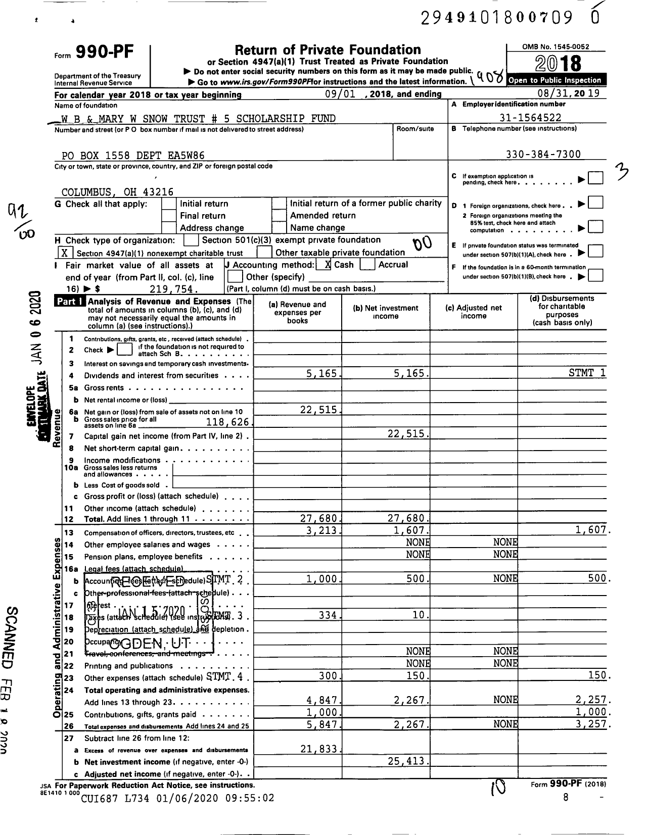 Image of first page of 2018 Form 990PR for W B and Mary W Snow Trust # 5 Scholarship Fund