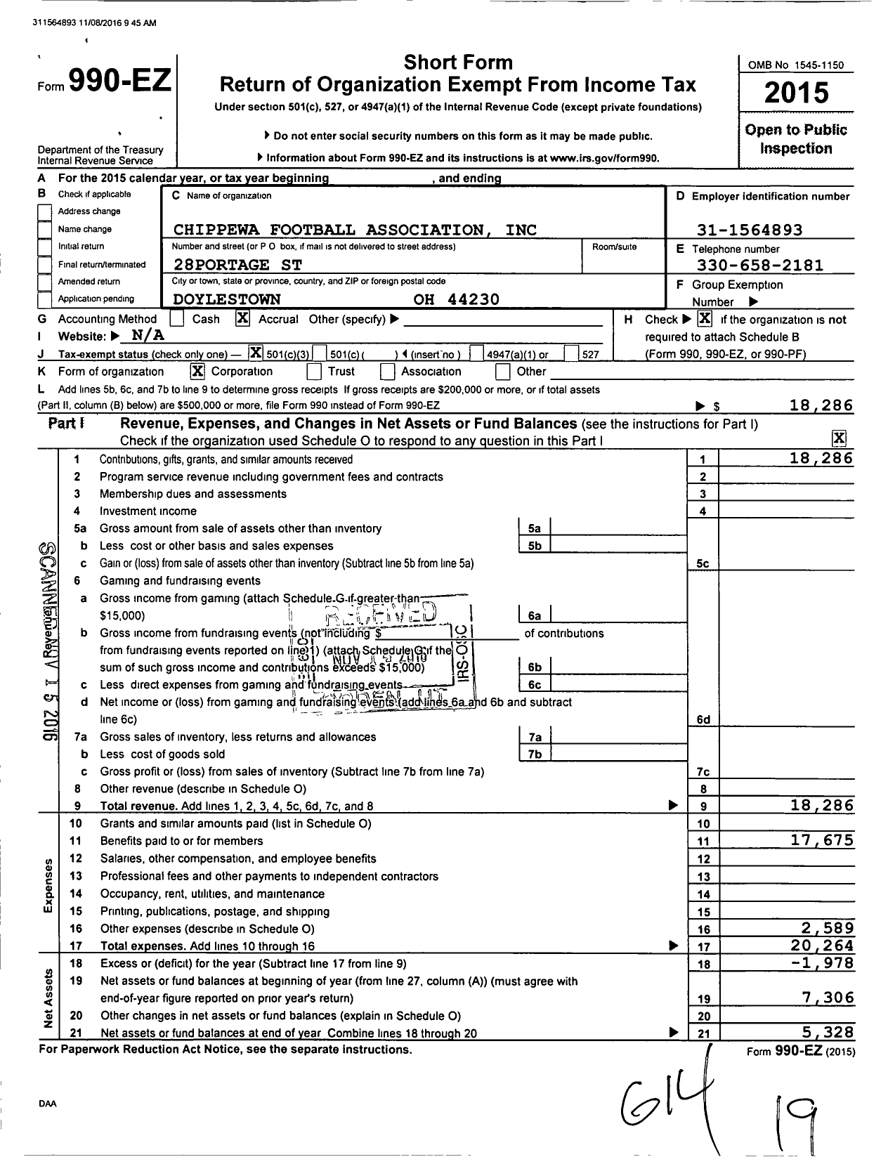 Image of first page of 2015 Form 990EZ for Chippewa Football Association