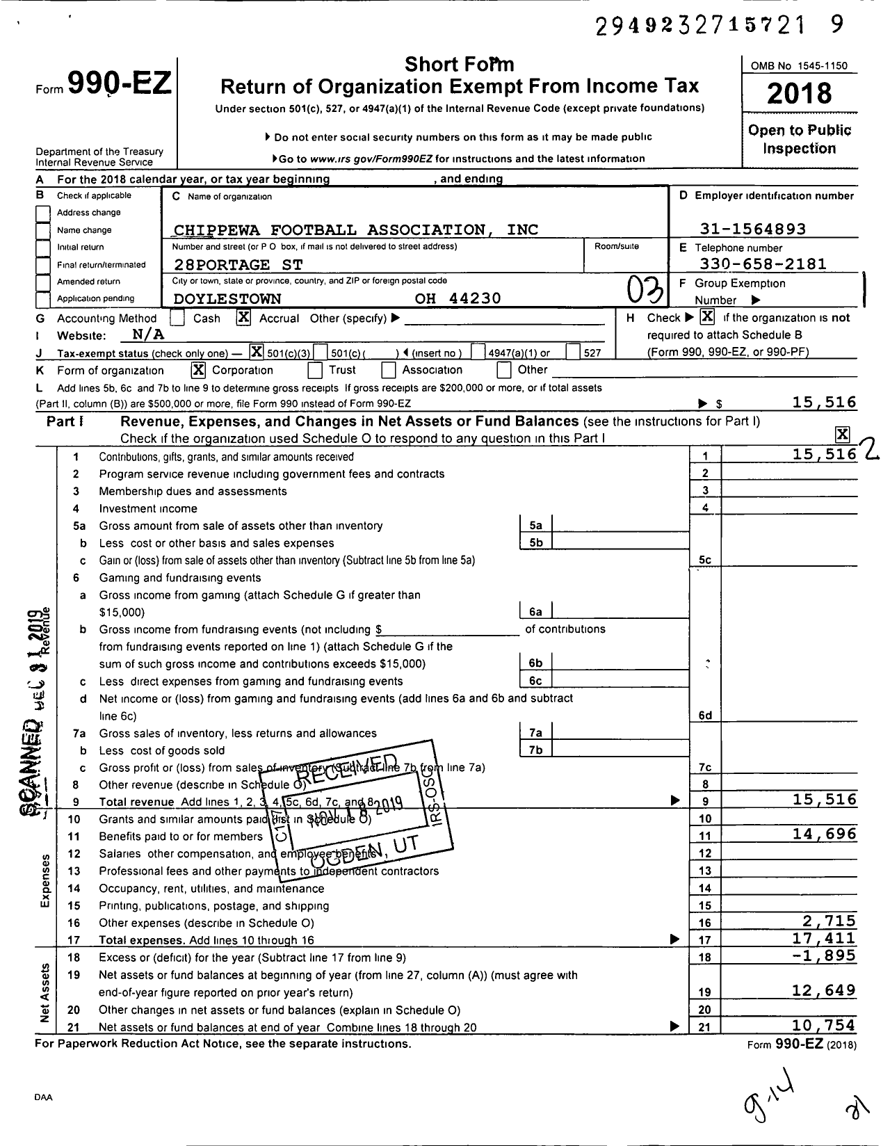 Image of first page of 2018 Form 990EZ for Chippewa Football Association