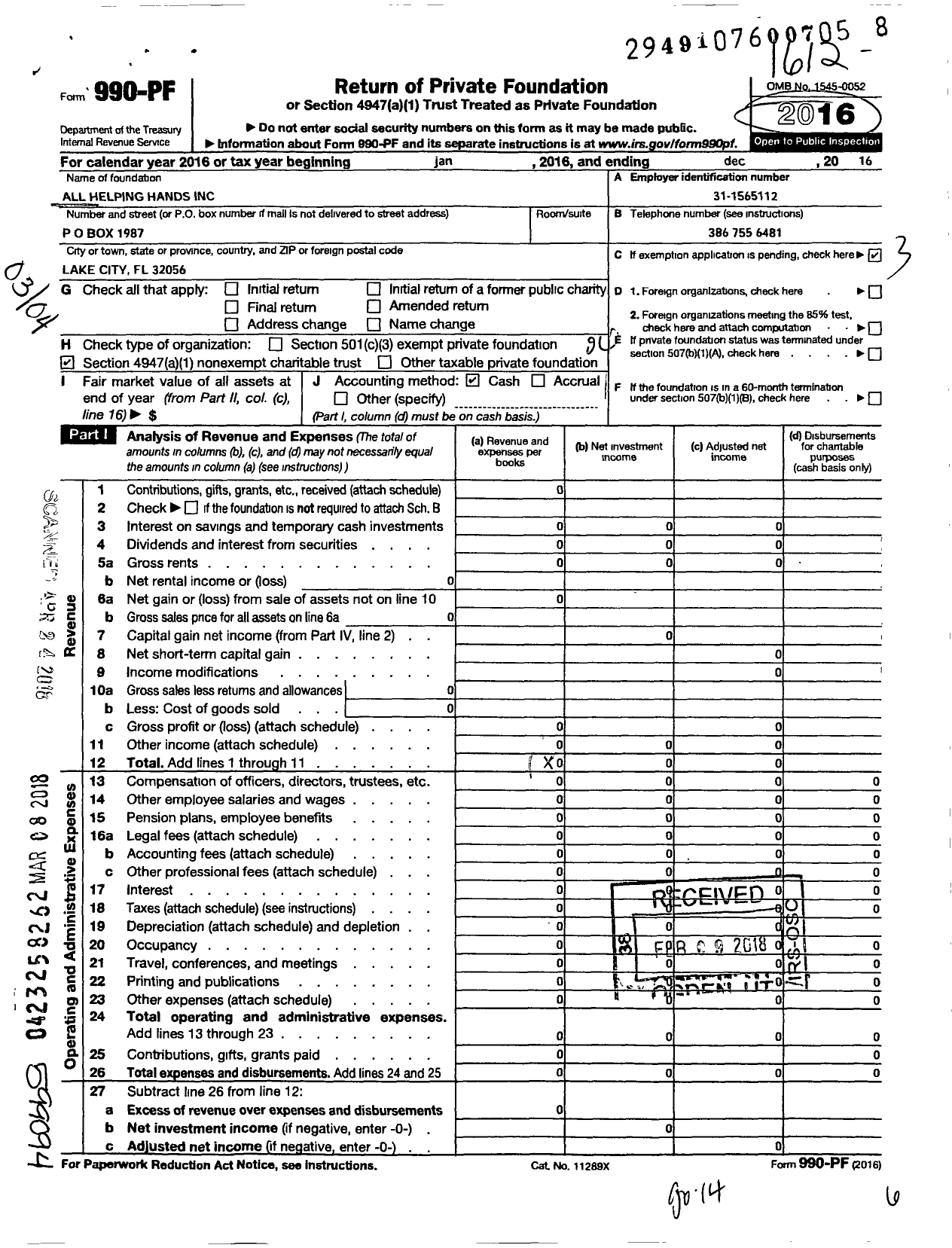 Image of first page of 2016 Form 990PF for All Helping Hands