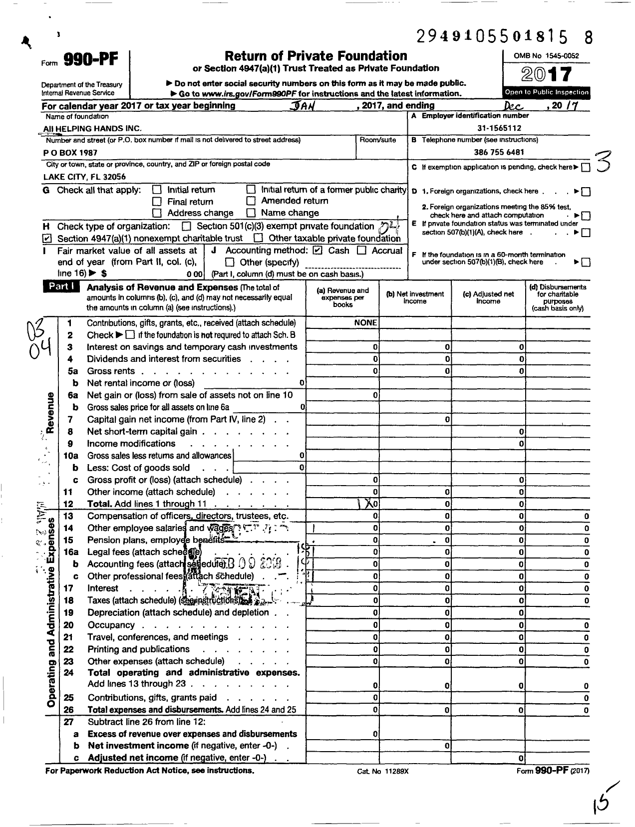 Image of first page of 2017 Form 990PF for All Helping Hands