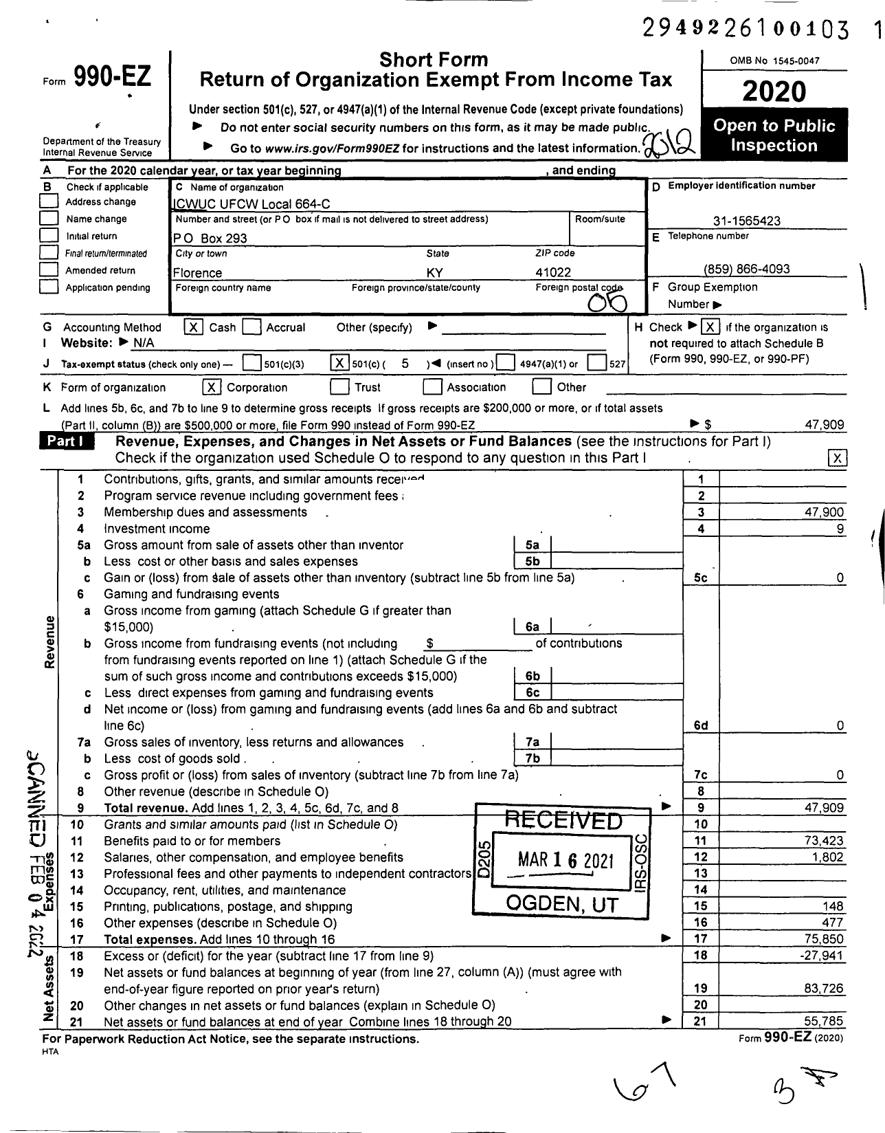 Image of first page of 2020 Form 990EO for United Food & Commercial Workers Union - 664c Local