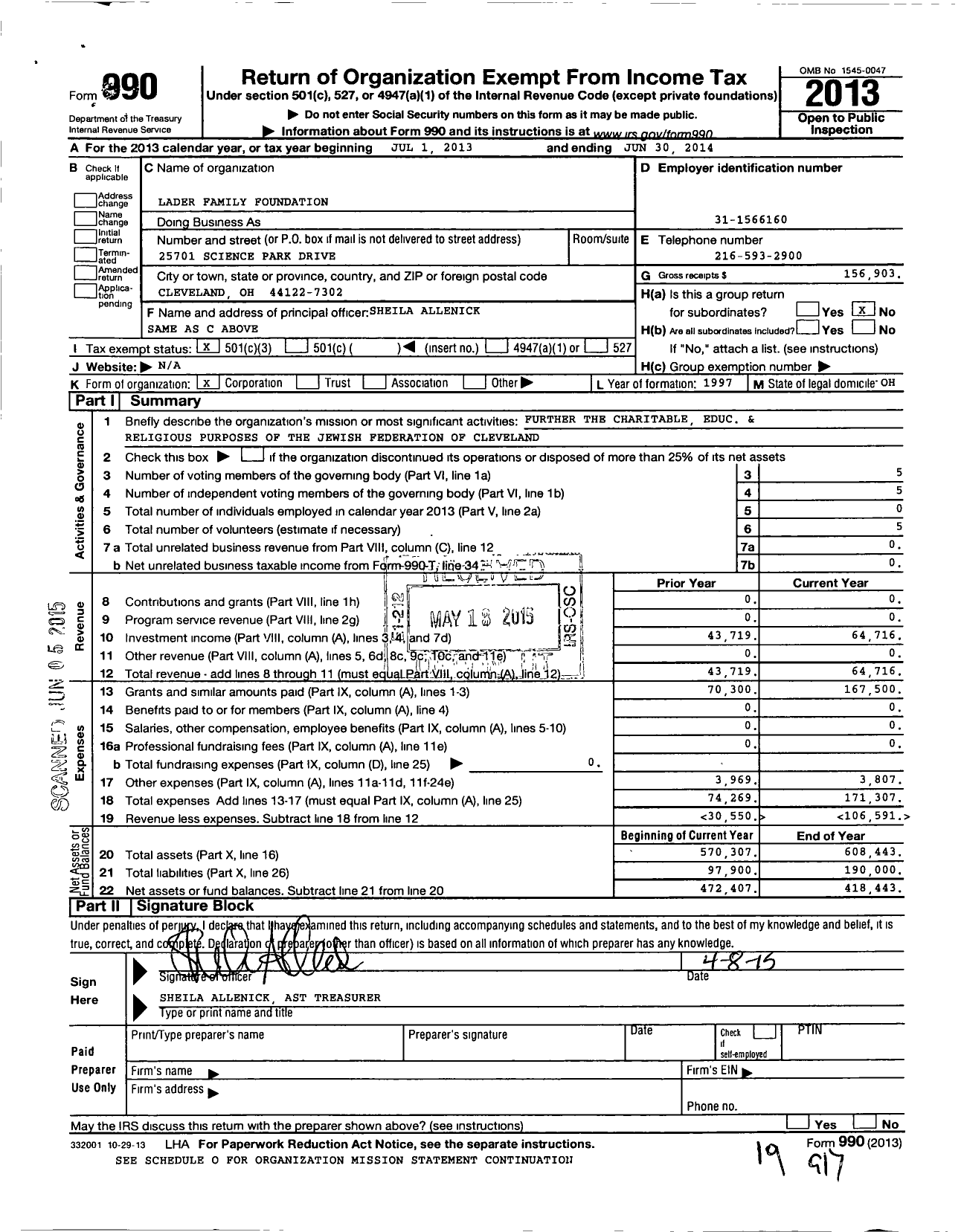 Image of first page of 2013 Form 990 for Lader Family Foundation