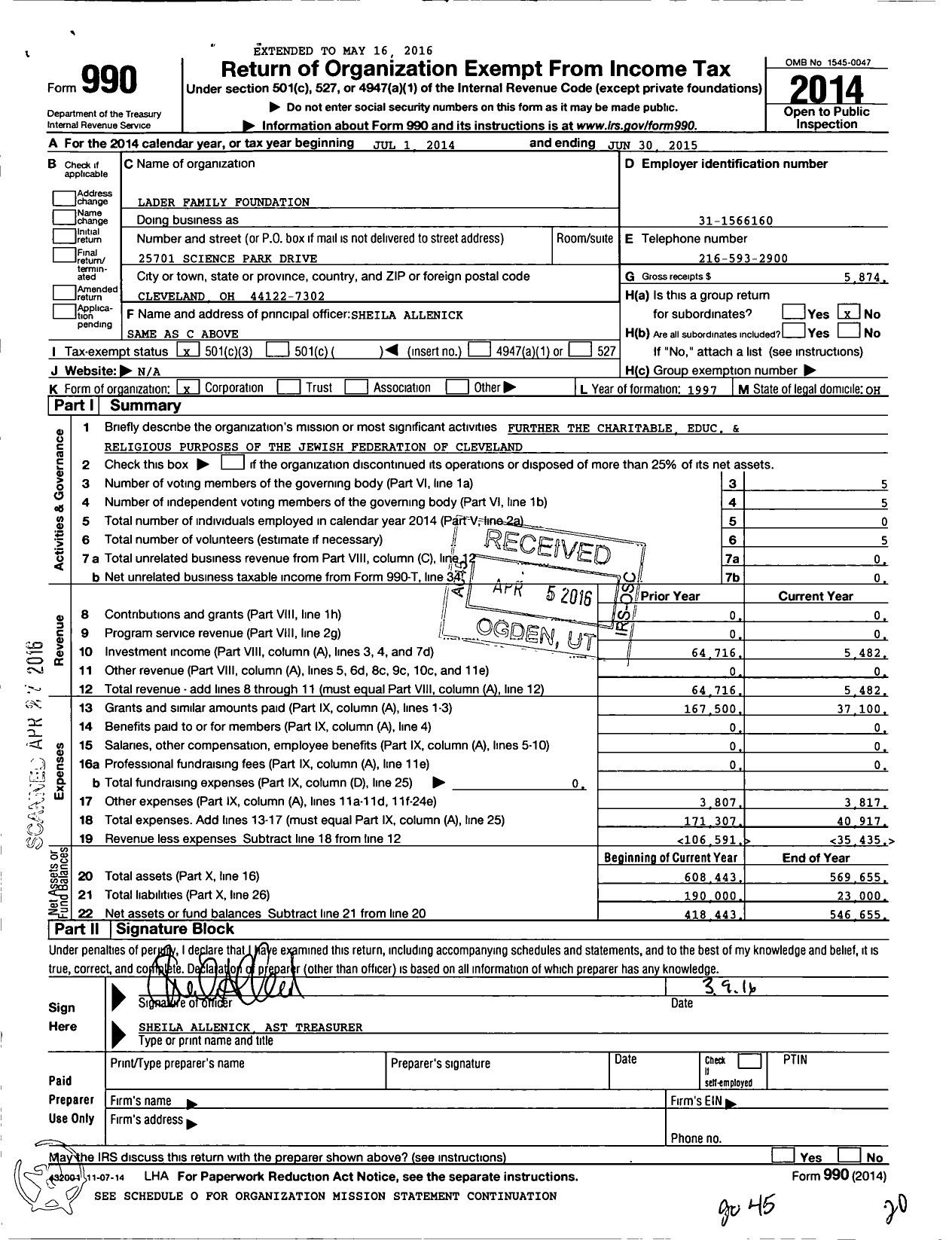 Image of first page of 2014 Form 990 for Lader Family Foundation