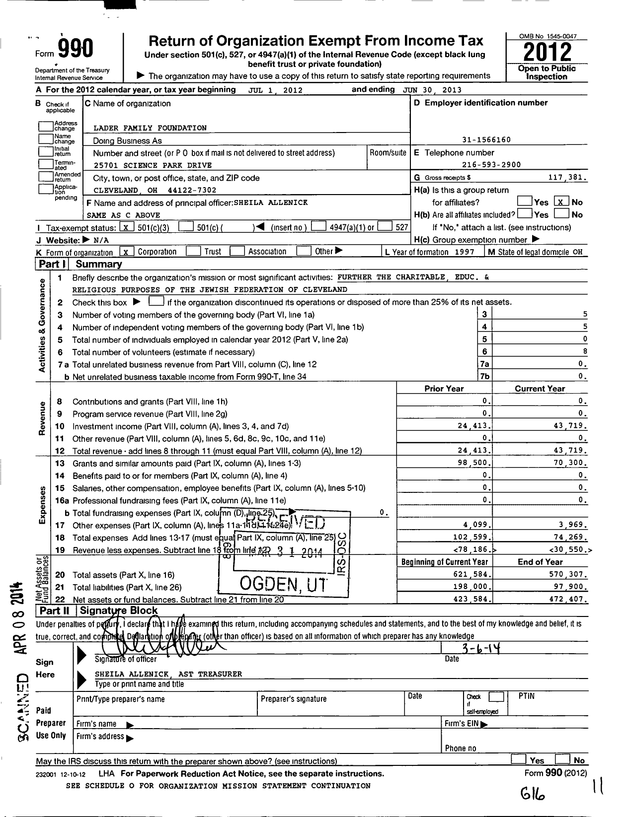 Image of first page of 2012 Form 990 for Lader Family Foundation