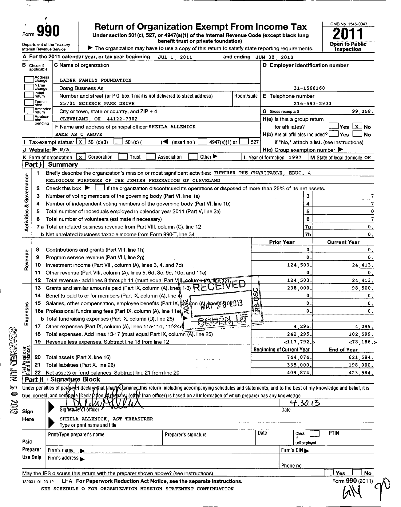Image of first page of 2011 Form 990 for Lader Family Foundation