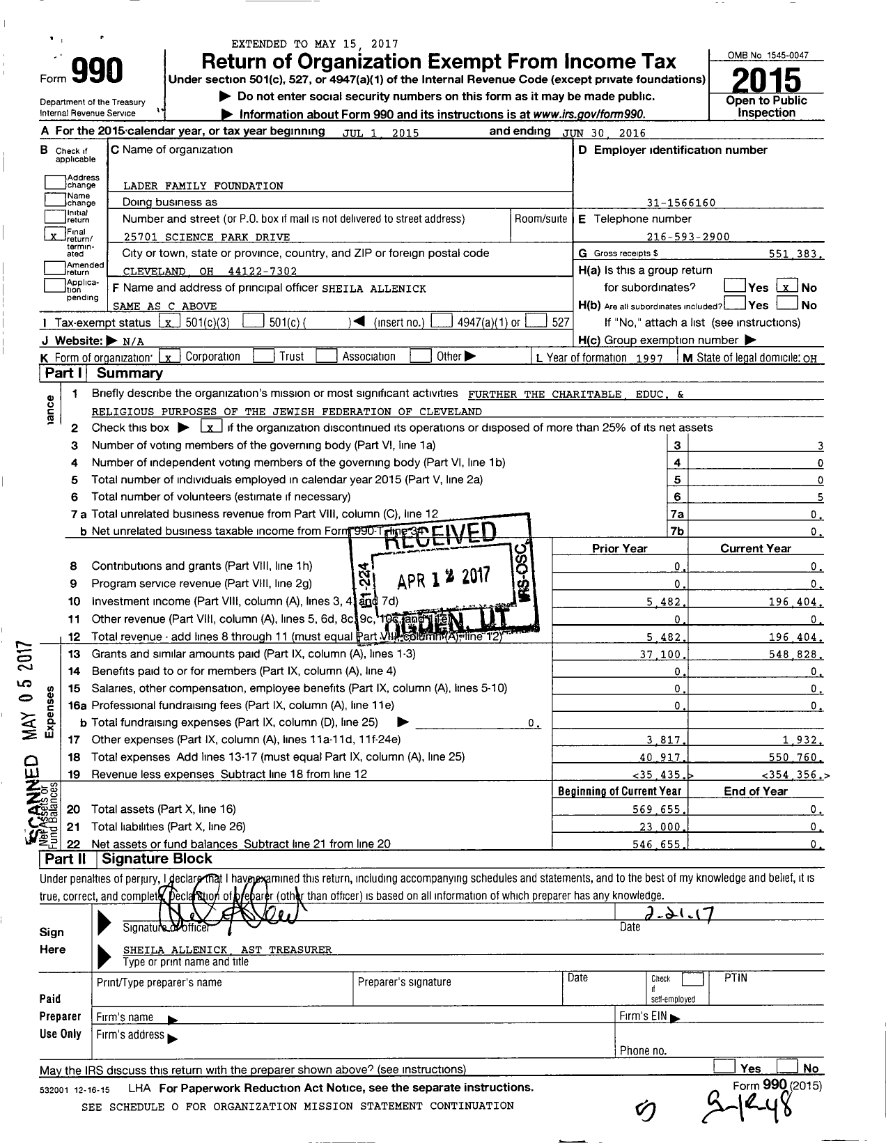Image of first page of 2015 Form 990 for Lader Family Foundation