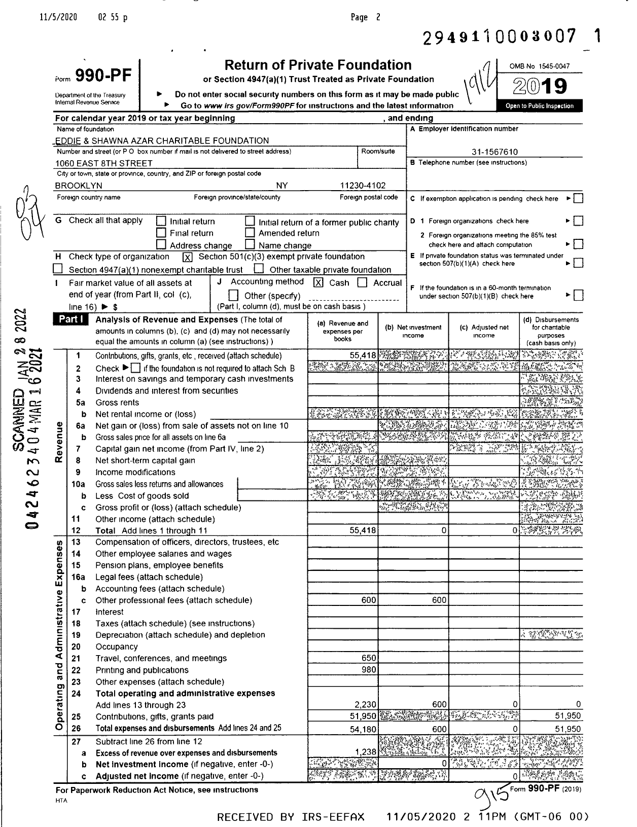 Image of first page of 2019 Form 990PF for Eddie and Shawna Azar Charitable Foundation