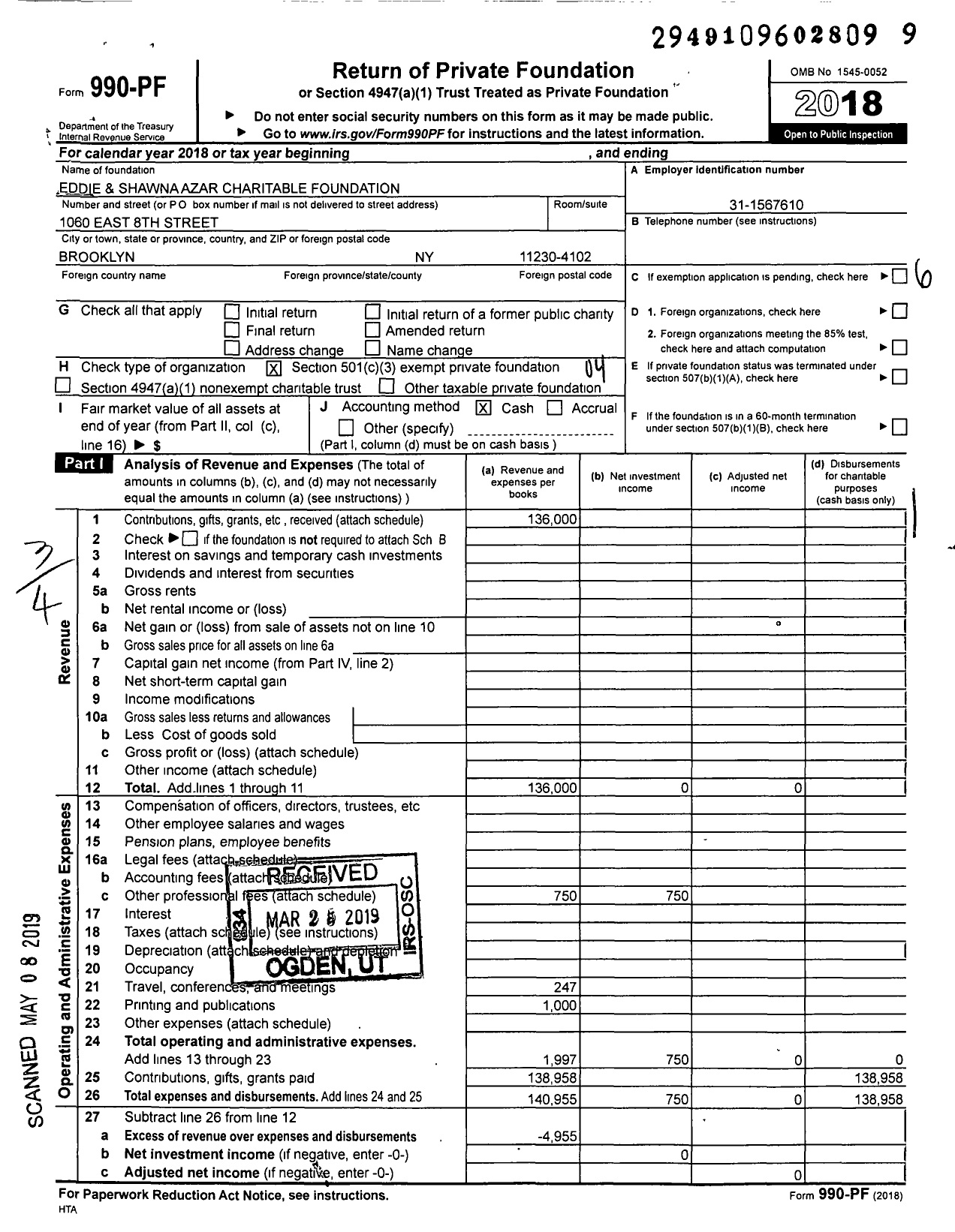 Image of first page of 2018 Form 990PF for Eddie and Shawna Azar Charitable Foundation