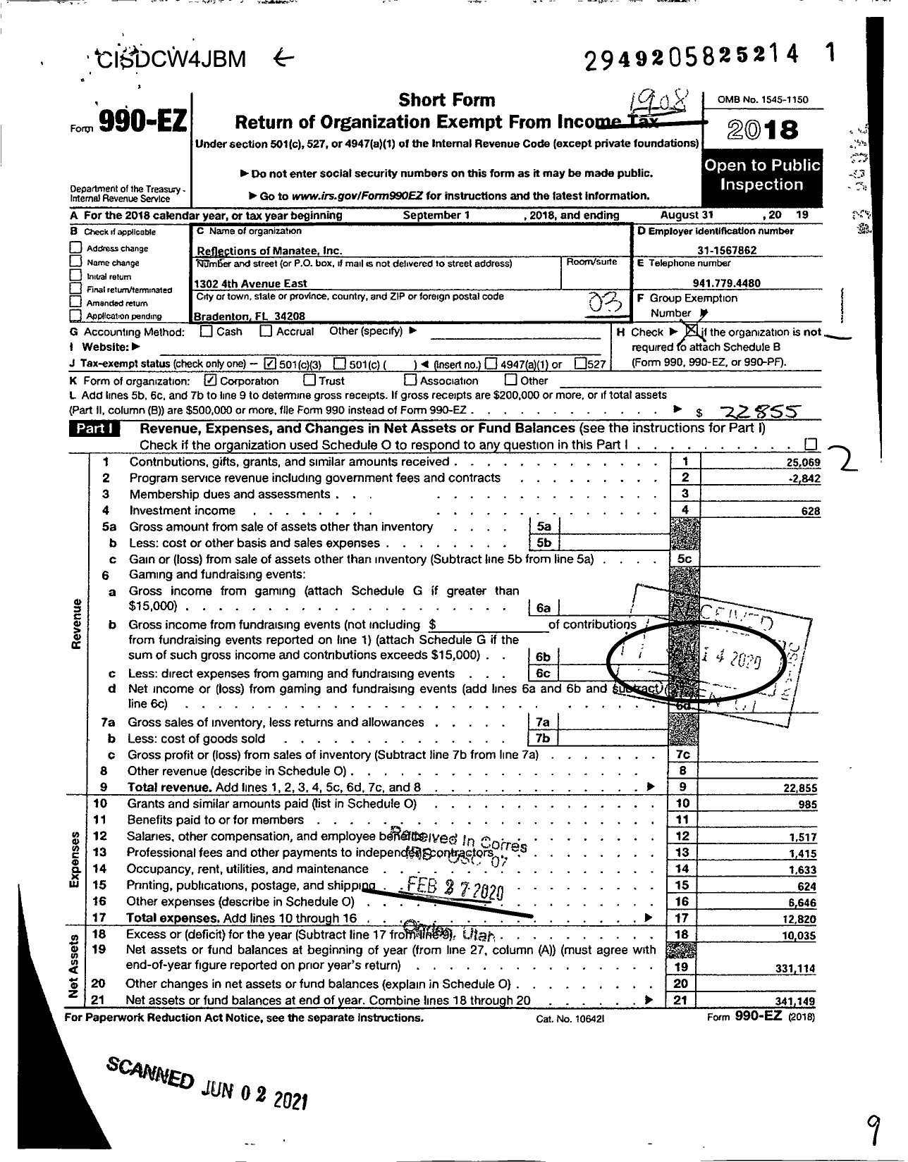 Image of first page of 2018 Form 990EZ for Reflections of Manatee