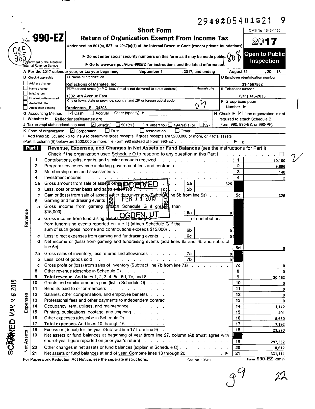 Image of first page of 2017 Form 990EZ for Reflections of Manatee