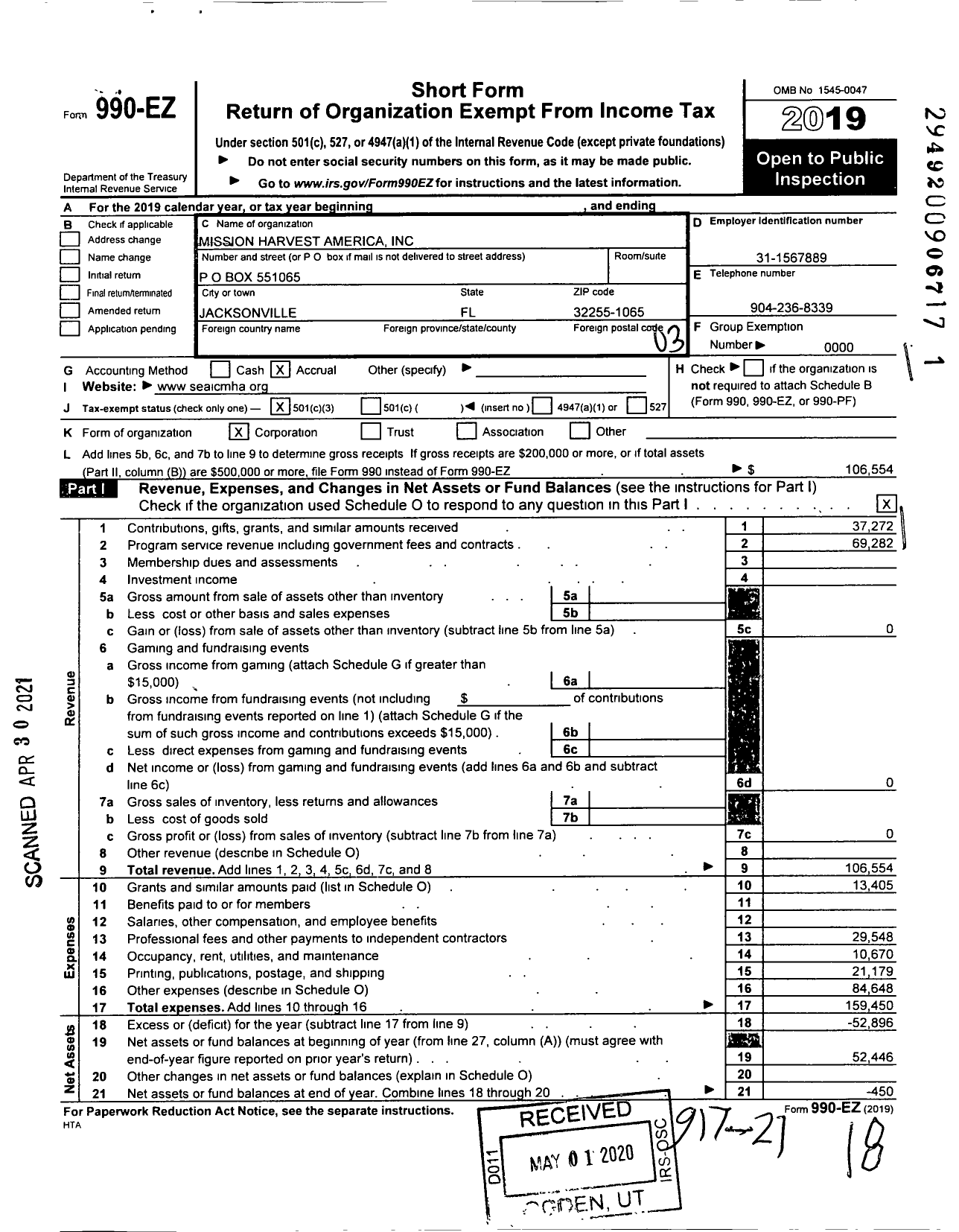 Image of first page of 2019 Form 990EZ for Mission Harvest America