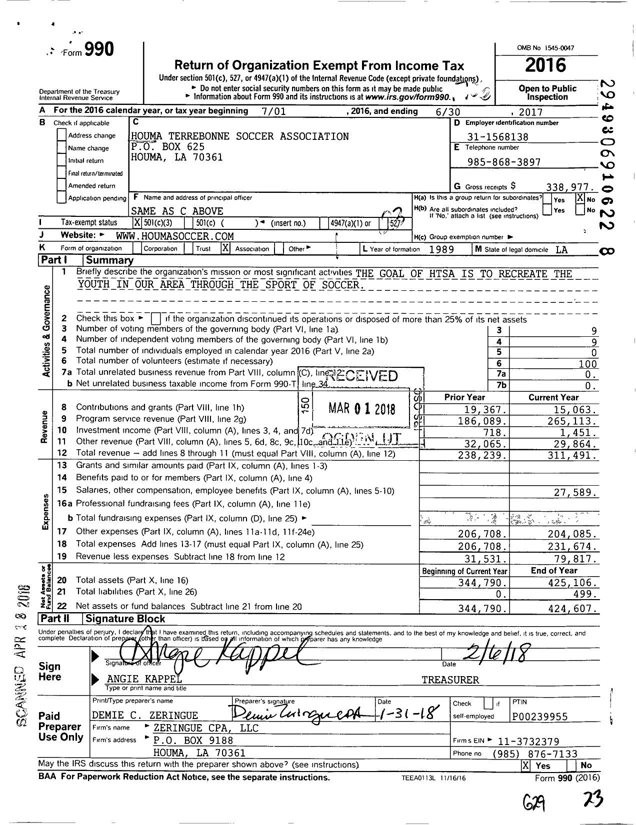 Image of first page of 2016 Form 990 for Houma Terrebonne Soccer Association