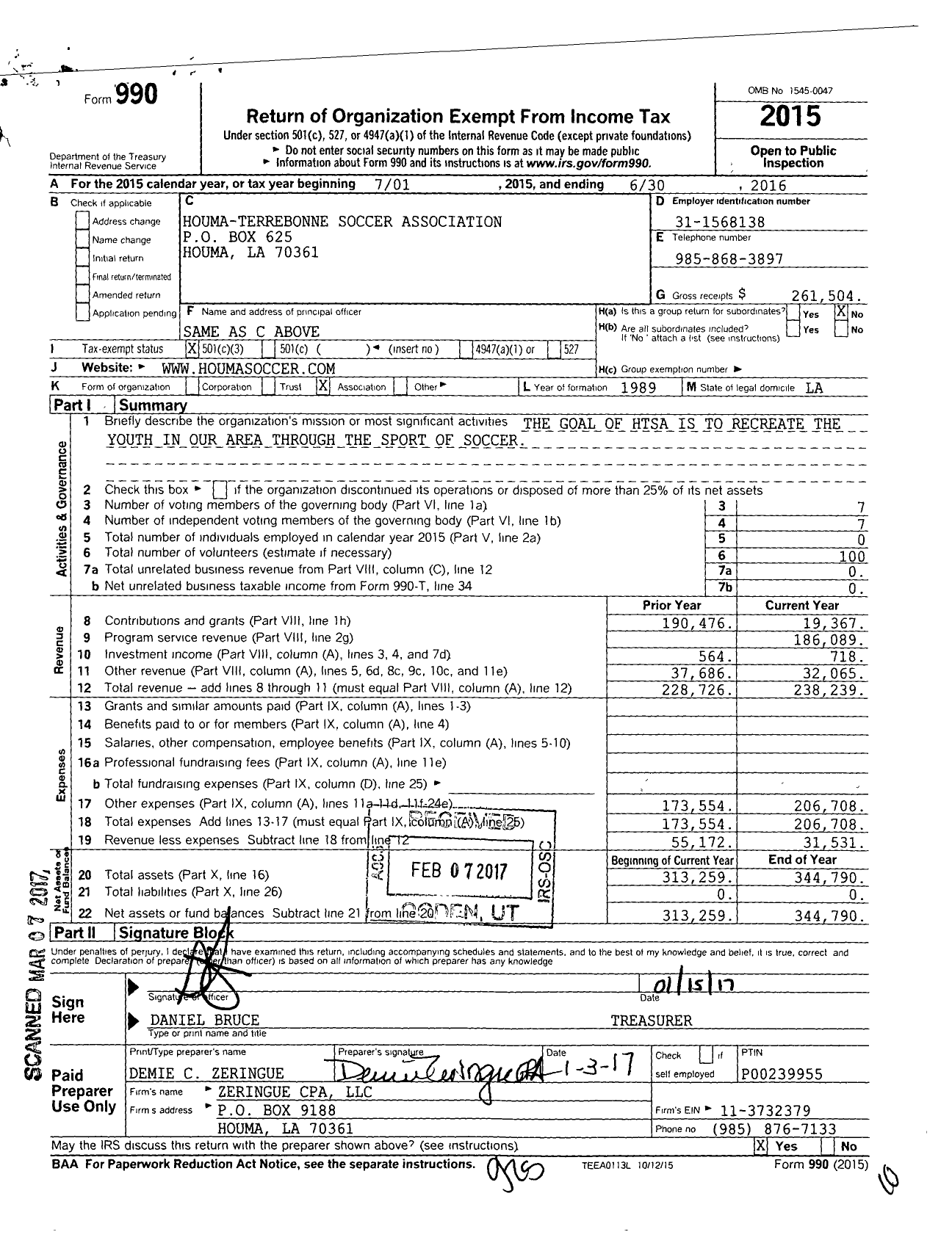 Image of first page of 2015 Form 990 for Houma Terrebonne Soccer Association