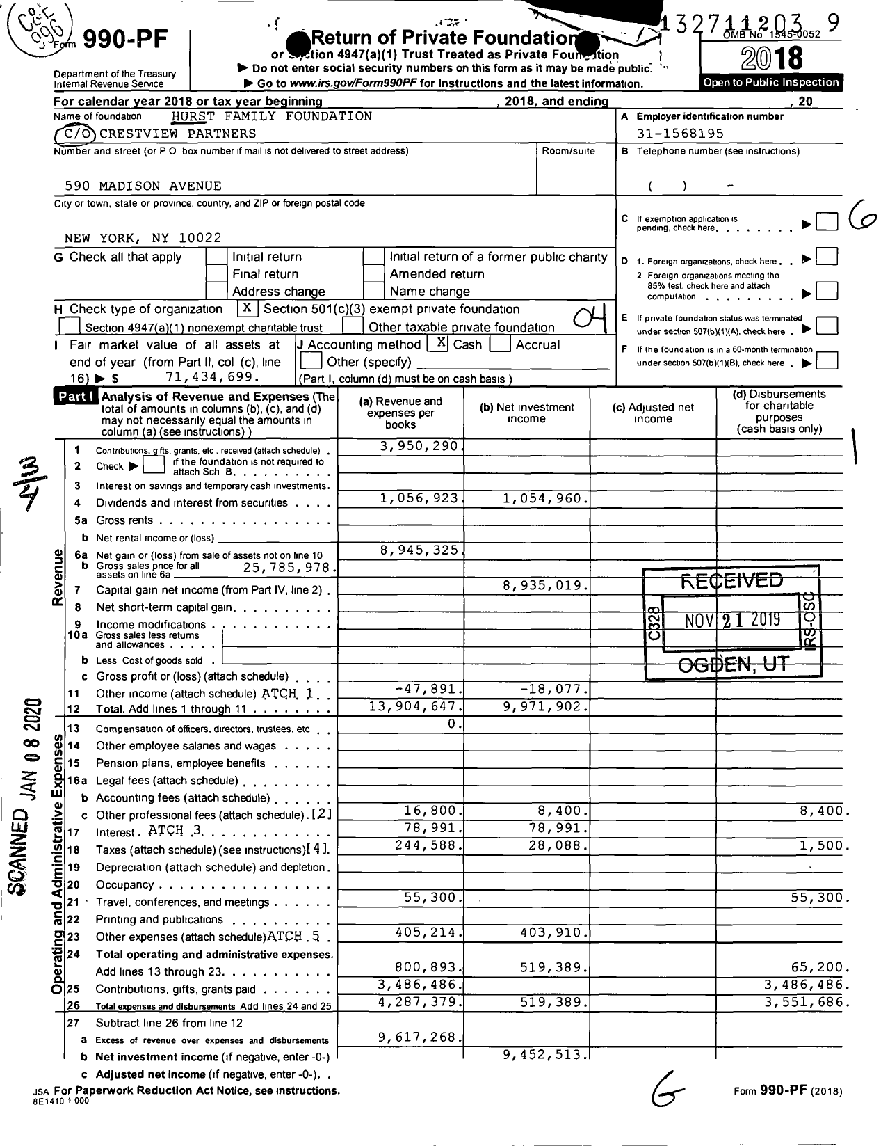 Image of first page of 2018 Form 990PF for Hurst Family Foundation