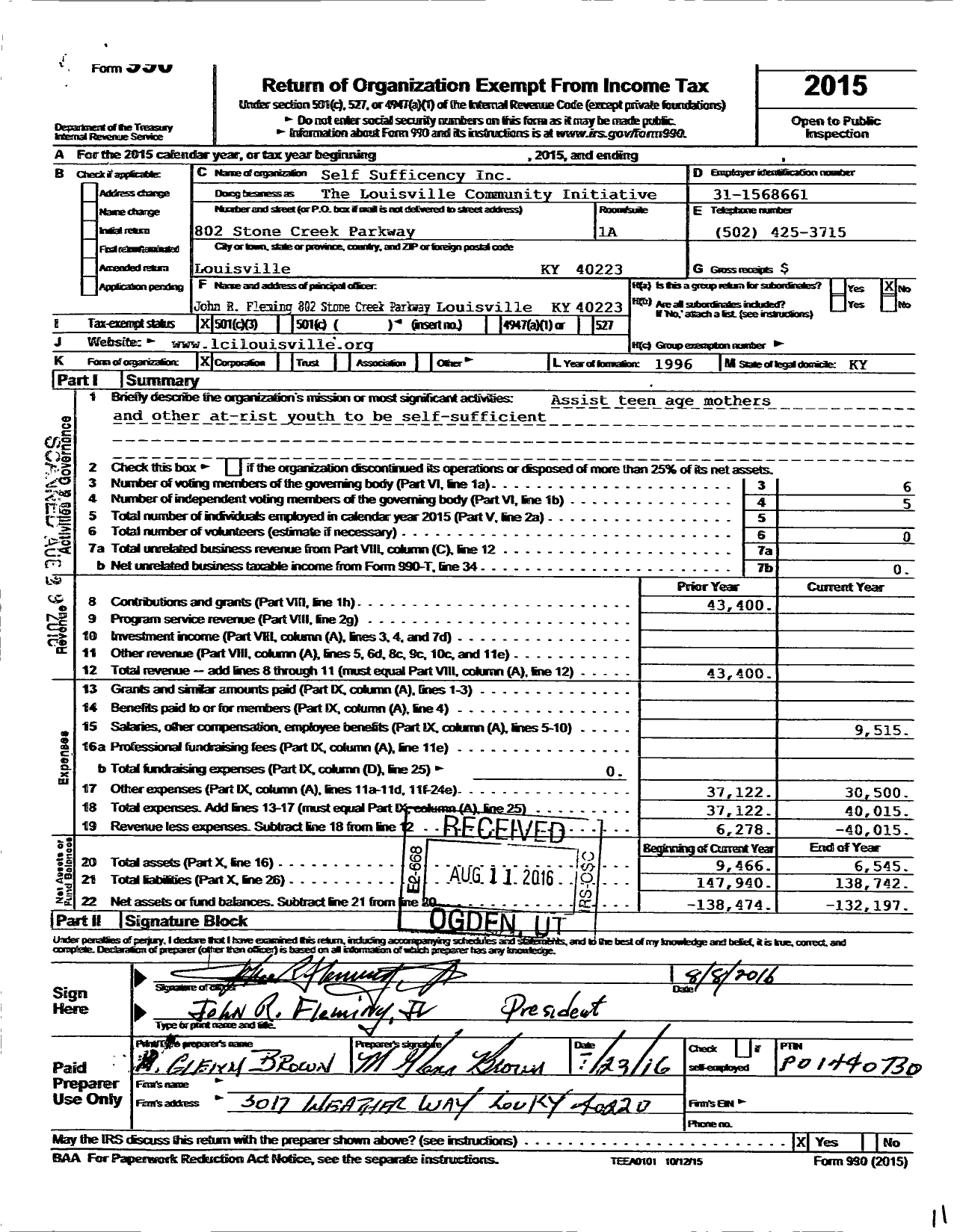 Image of first page of 2015 Form 990 for Self Sufficiency / The Louisville Community Initiative