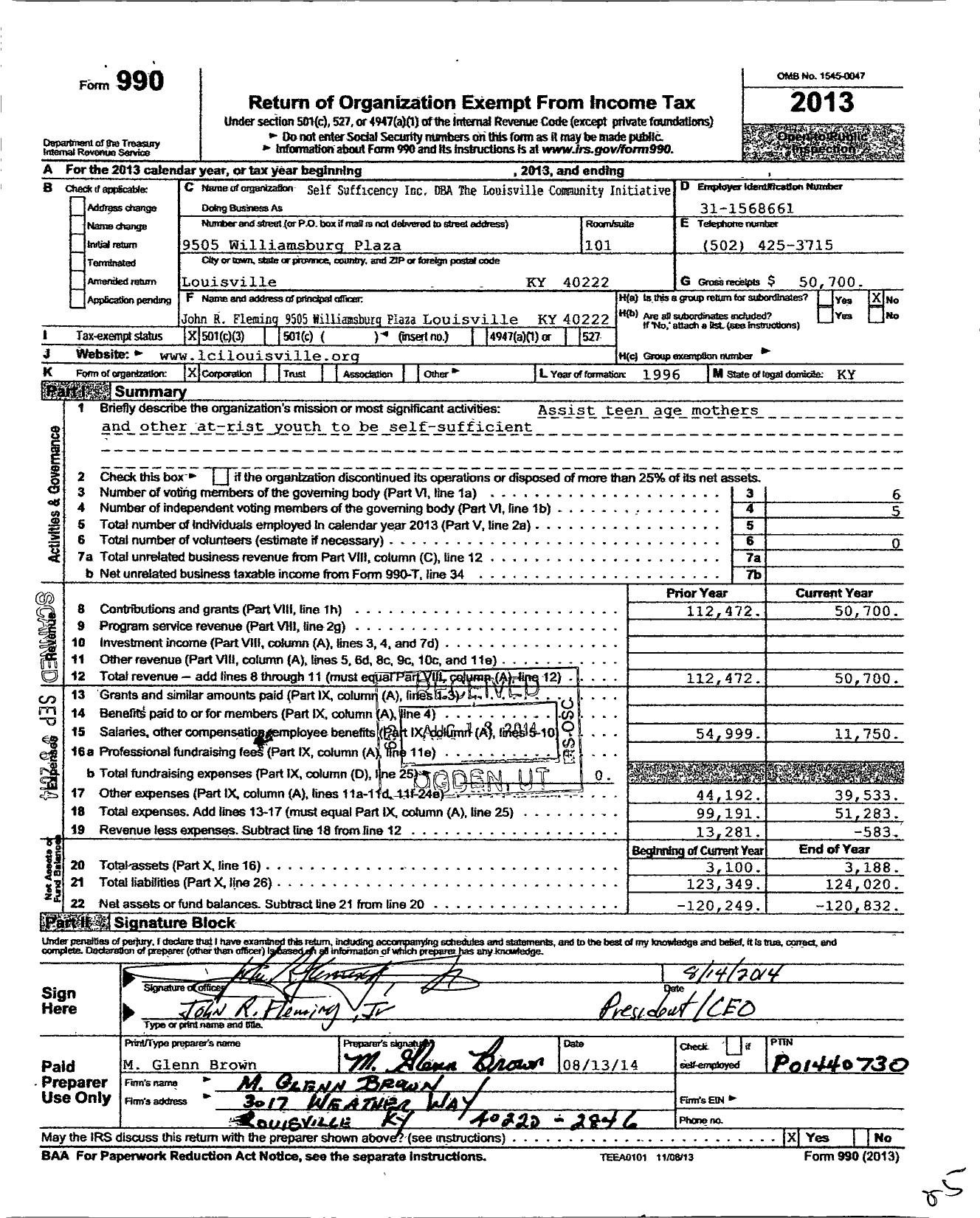 Image of first page of 2013 Form 990 for Self Sufficiency / The Louisville Community Initiative