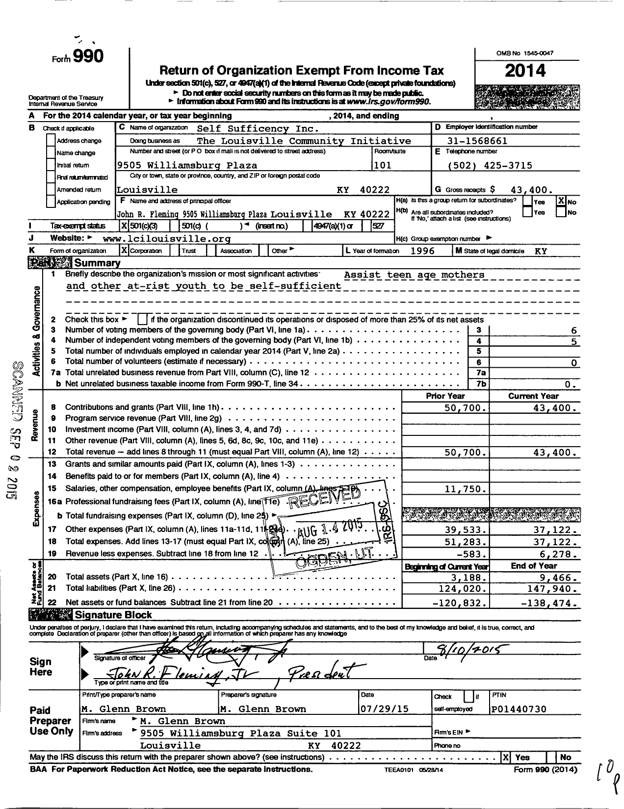 Image of first page of 2014 Form 990 for Self Sufficiency / The Louisville Community Initiative