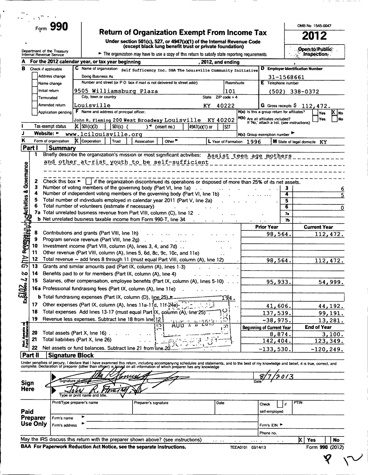 Image of first page of 2012 Form 990 for Self Sufficiency / The Louisville Community Initiative