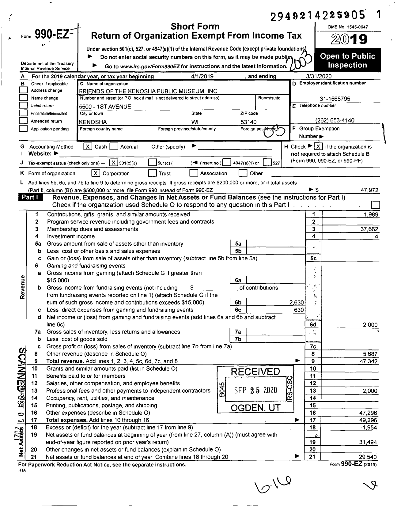 Image of first page of 2019 Form 990EZ for Friends of the Kenosha Public Museum