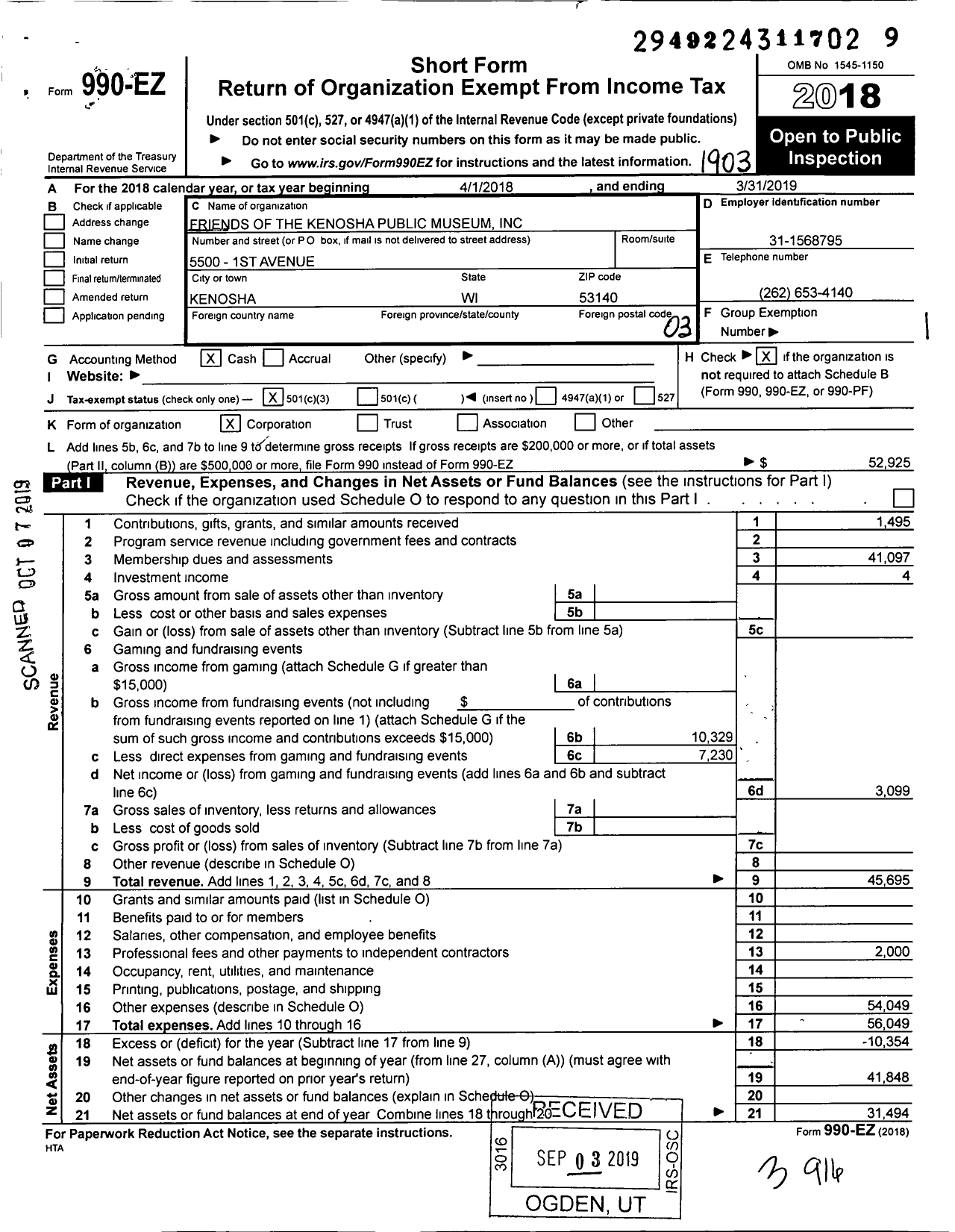 Image of first page of 2018 Form 990EZ for Friends of the Kenosha Public Museum