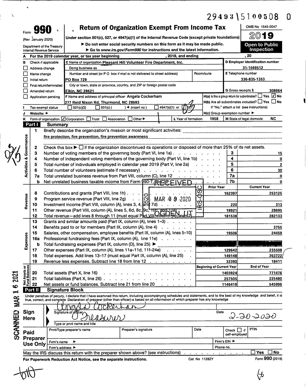 Image of first page of 2019 Form 990 for Pleasant Hill Volunteer Fire Department