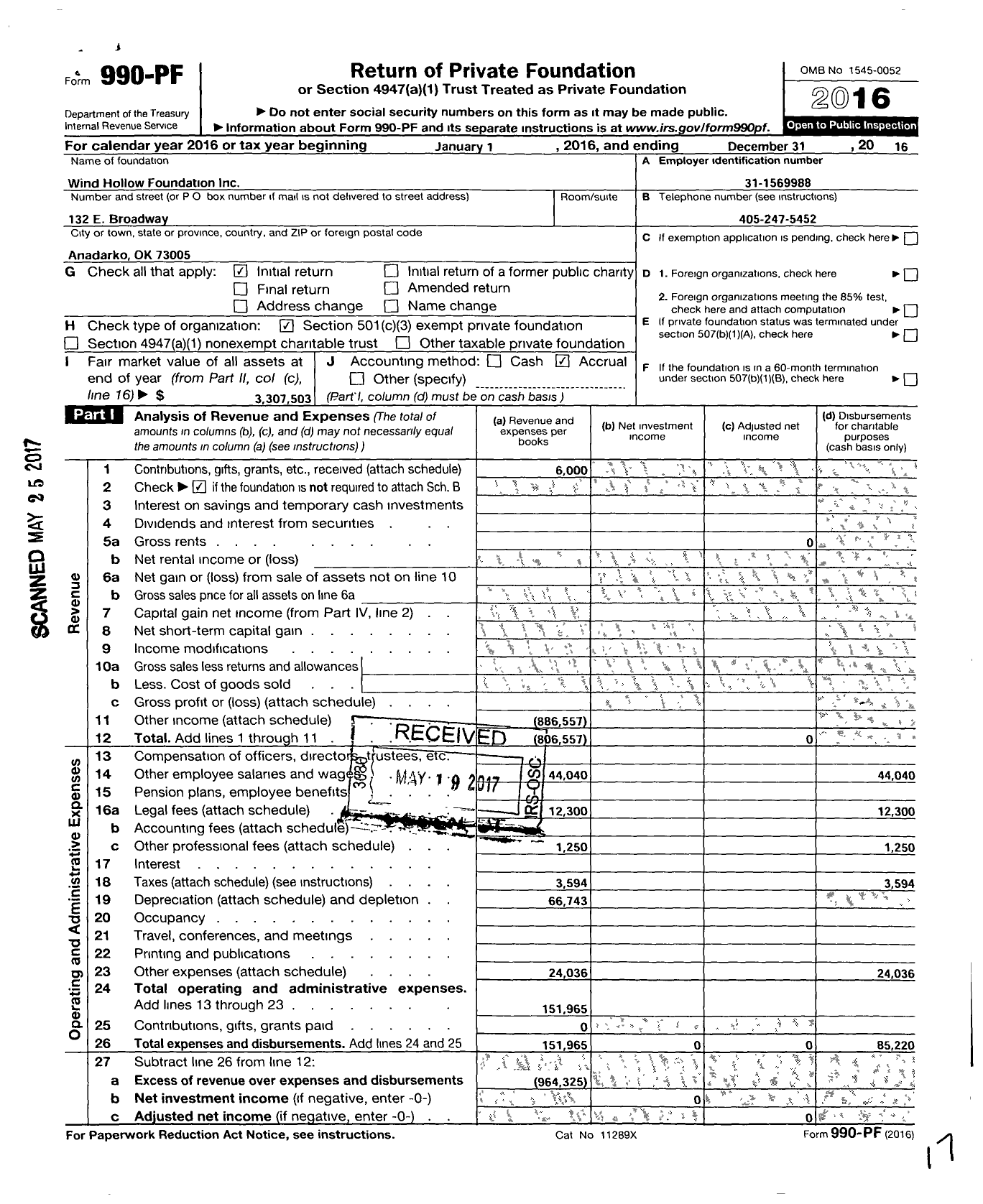 Image of first page of 2016 Form 990PF for Wind Hollow Foundation