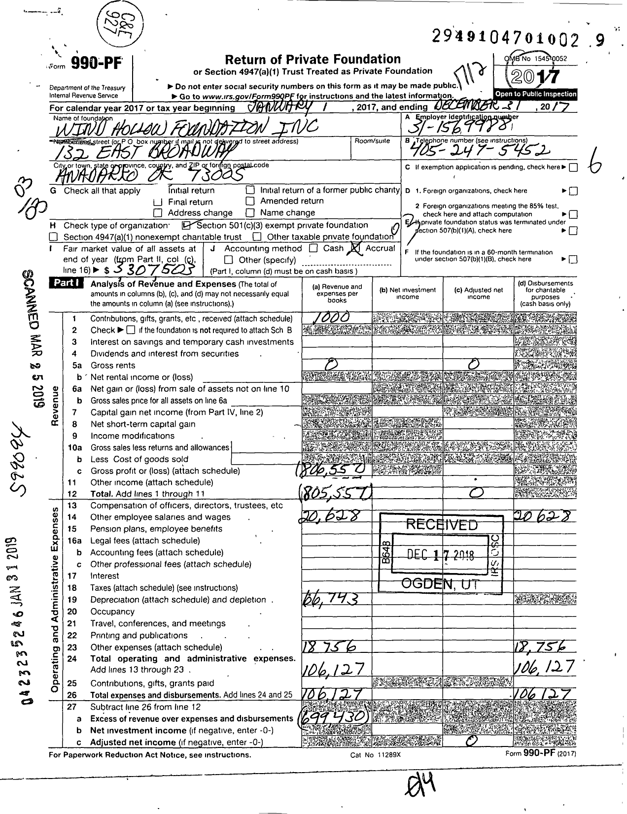 Image of first page of 2017 Form 990PF for Wind Hollow Foundation