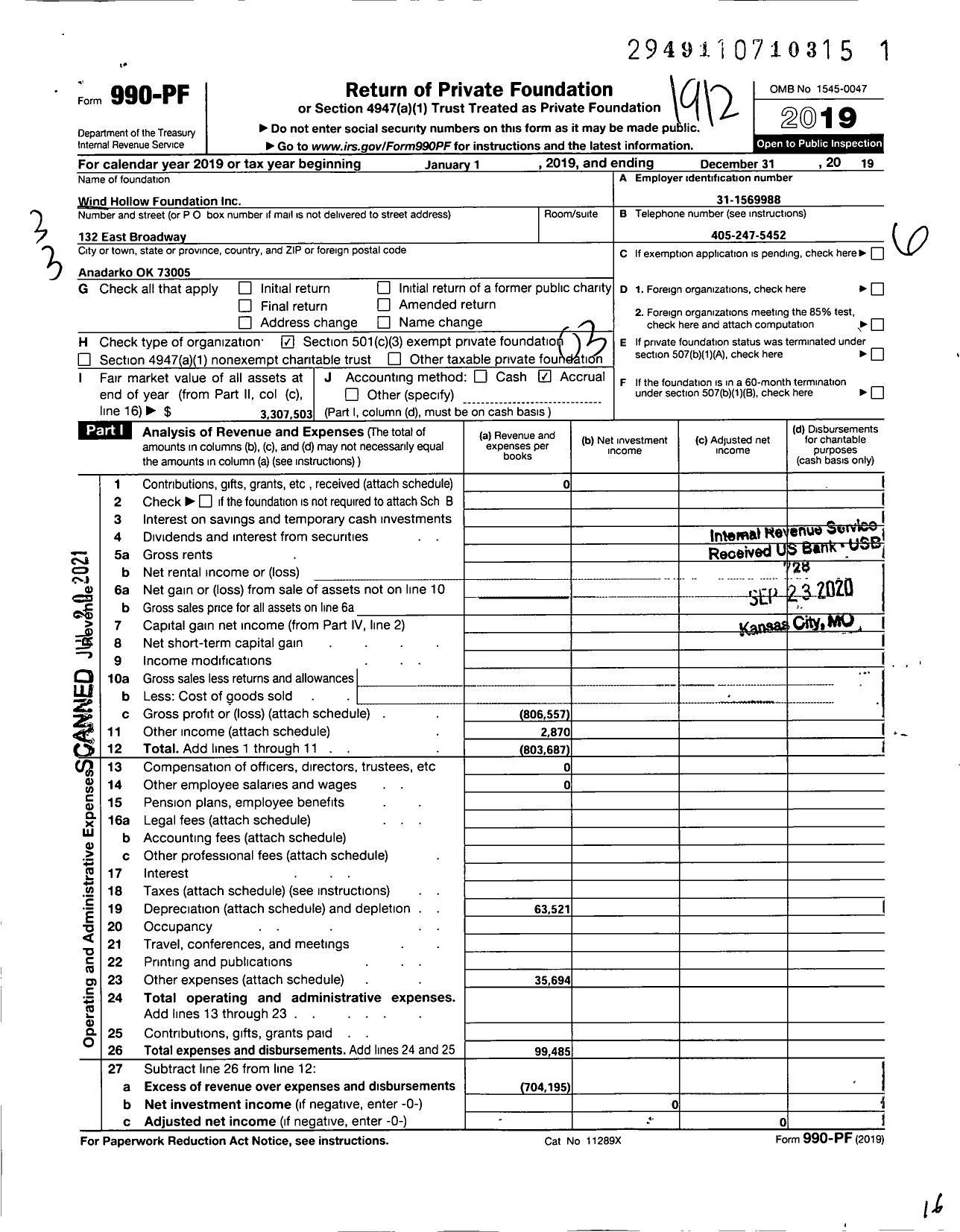 Image of first page of 2019 Form 990PF for Wind Hollow Foundation