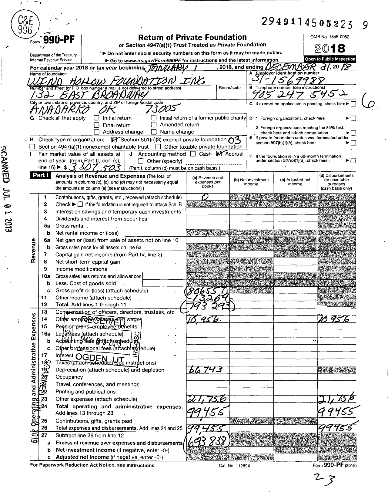 Image of first page of 2018 Form 990PF for Wind Hollow Foundation