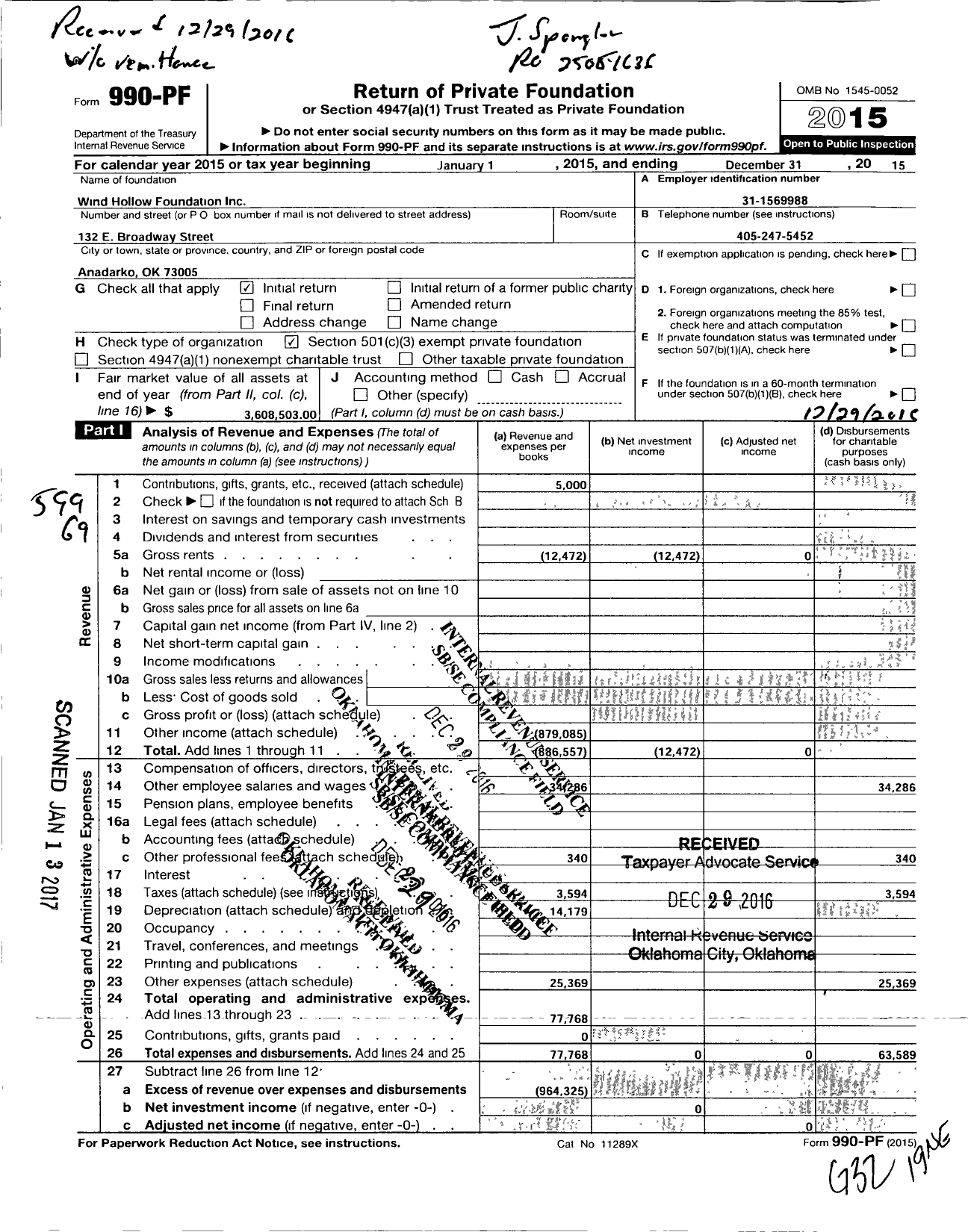 Image of first page of 2015 Form 990PF for Wind Hollow Foundation