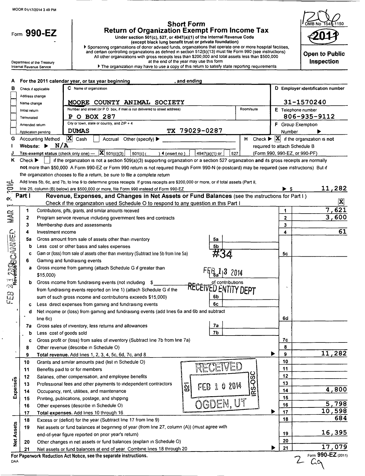 Image of first page of 2011 Form 990EZ for Moore County Animal Society