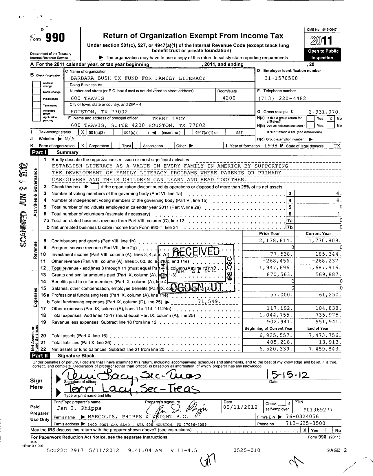 Image of first page of 2011 Form 990 for Barbara Bush Texas Fund for Family Literacy