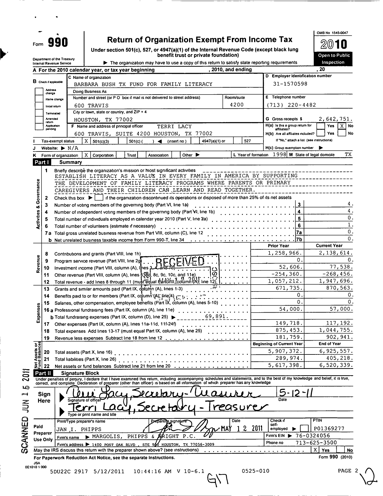 Image of first page of 2010 Form 990 for Barbara Bush Texas Fund for Family Literacy