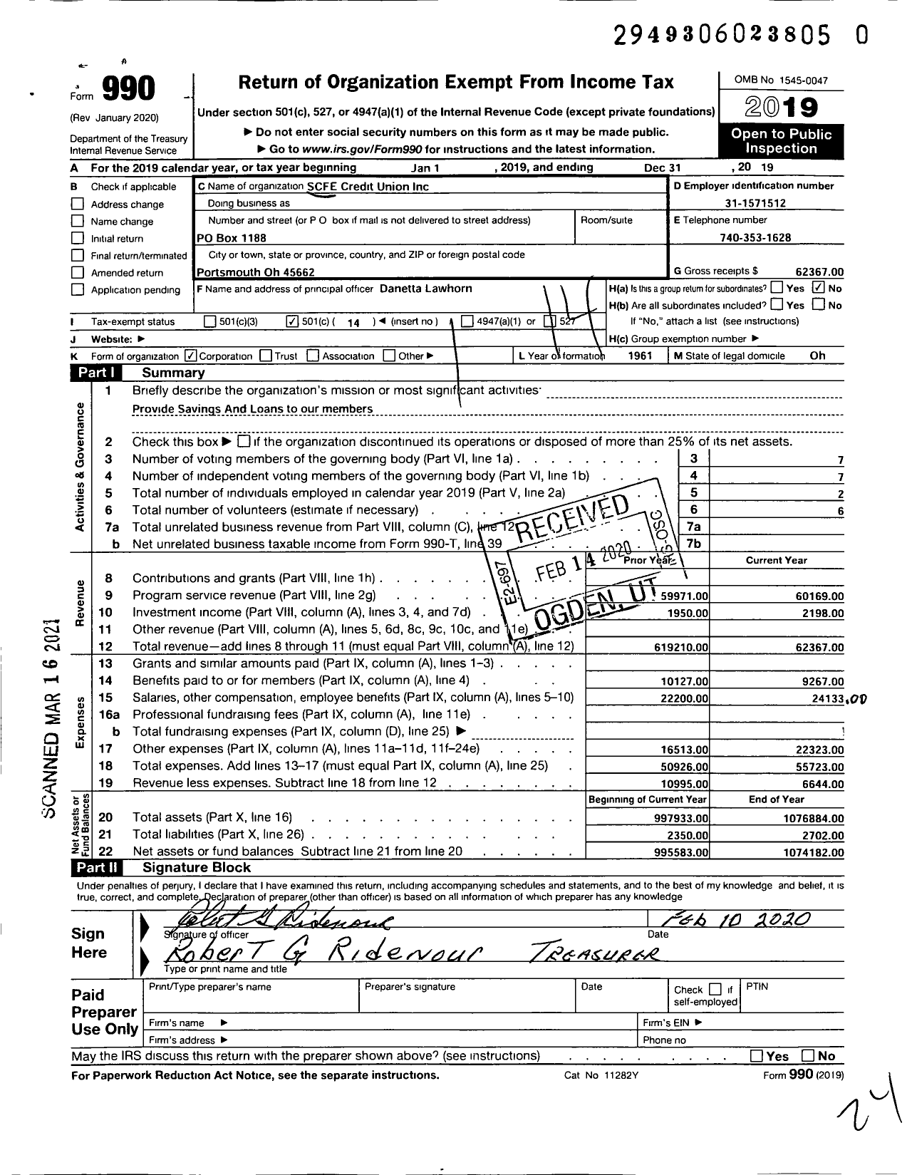 Image of first page of 2019 Form 990O for 0987 S C F E Credit Union