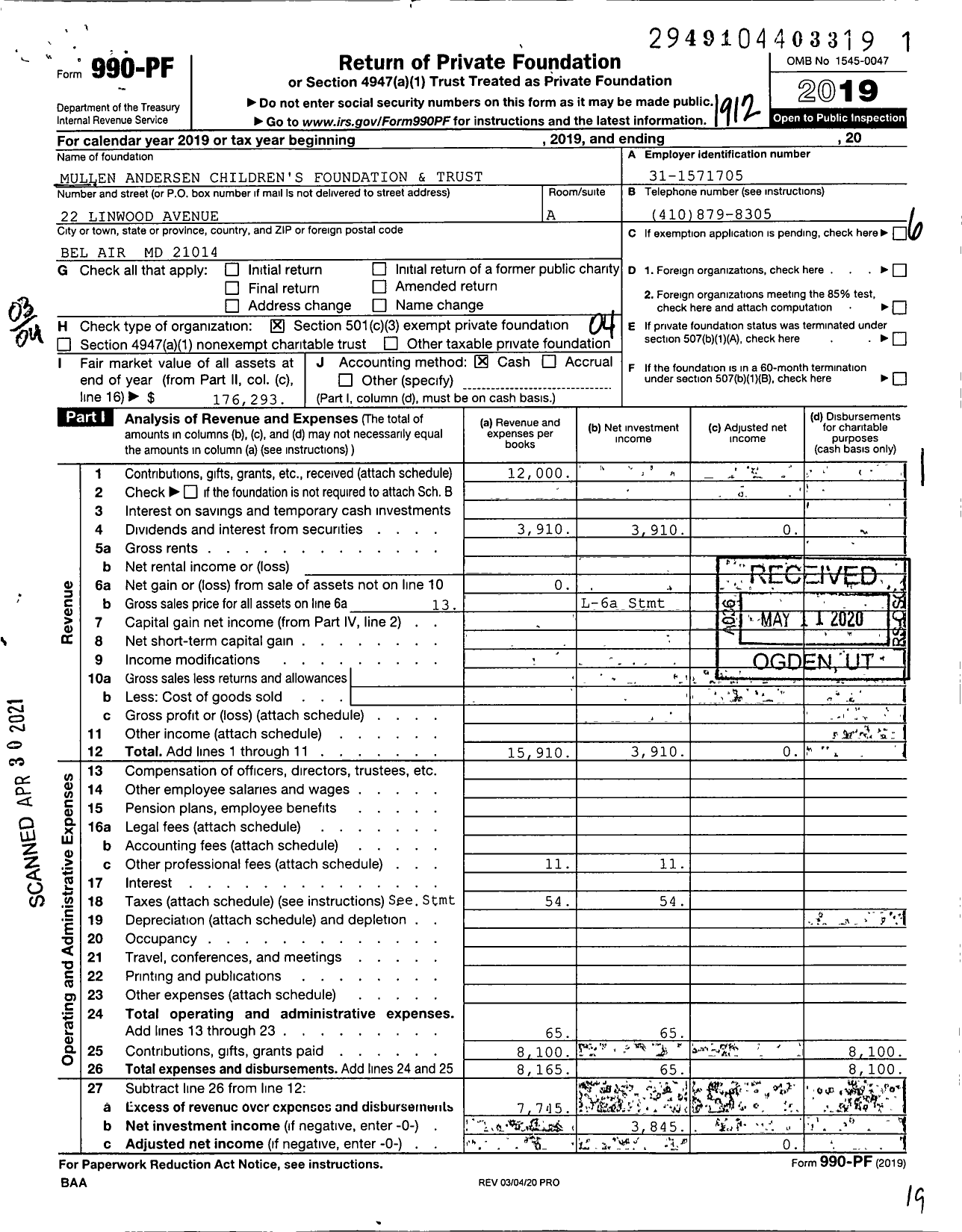 Image of first page of 2019 Form 990PF for Mullen Andersen Children's Foundation and Trust