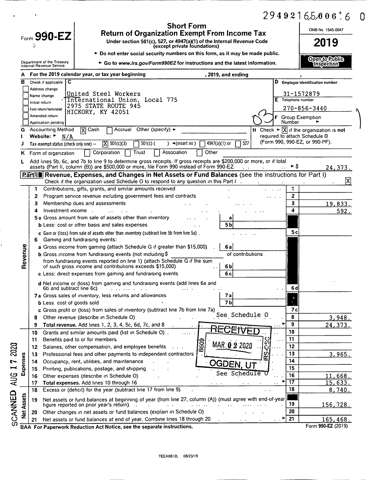 Image of first page of 2019 Form 990EZ for United Steelworkers - 775 Local