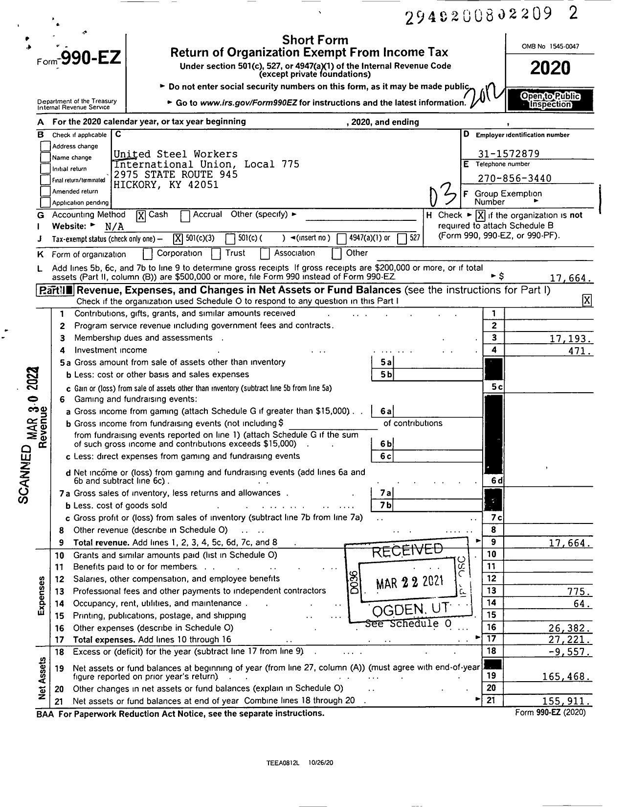 Image of first page of 2020 Form 990EZ for United Steelworkers - 775 Local