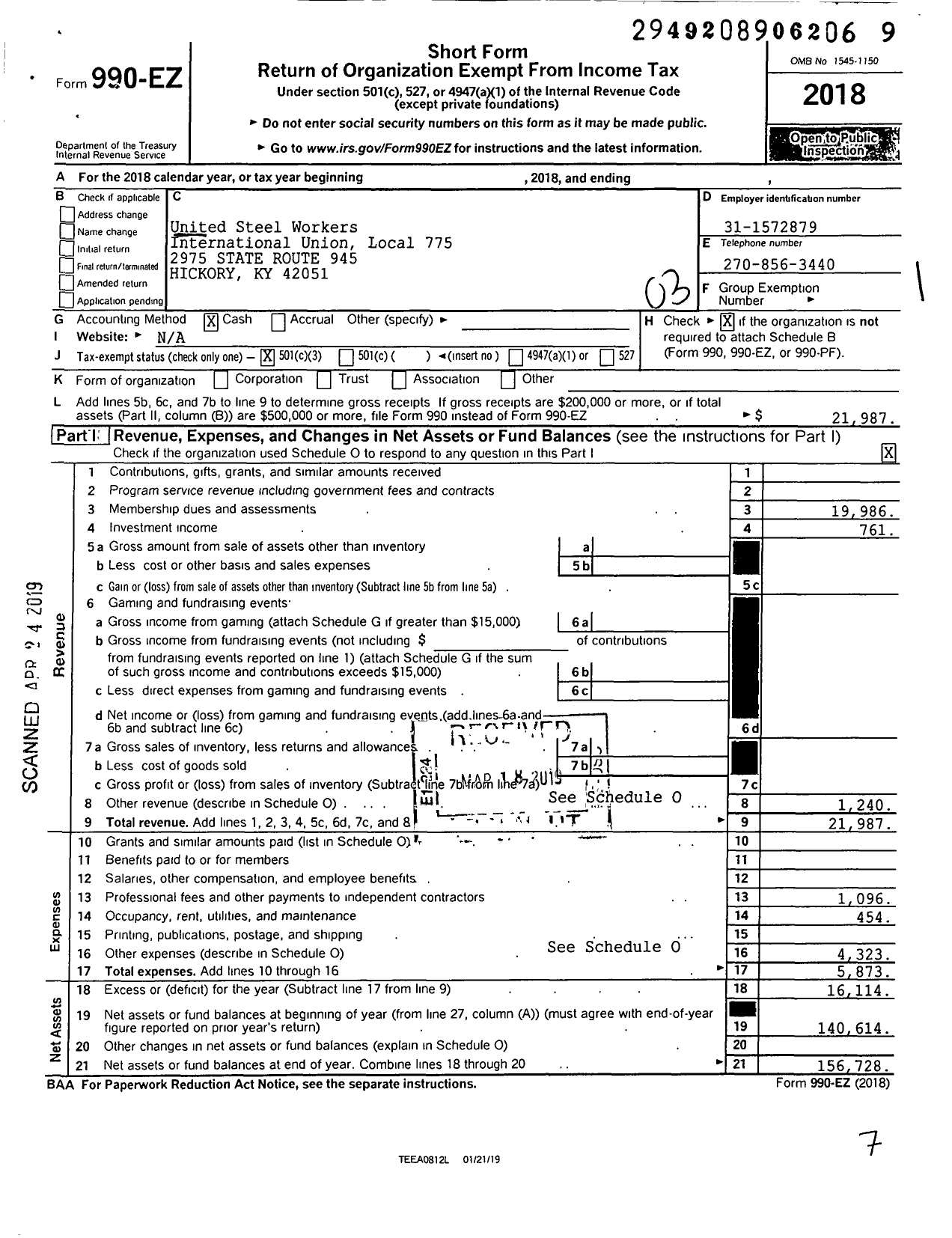 Image of first page of 2018 Form 990EZ for United Steelworkers - 775 Local