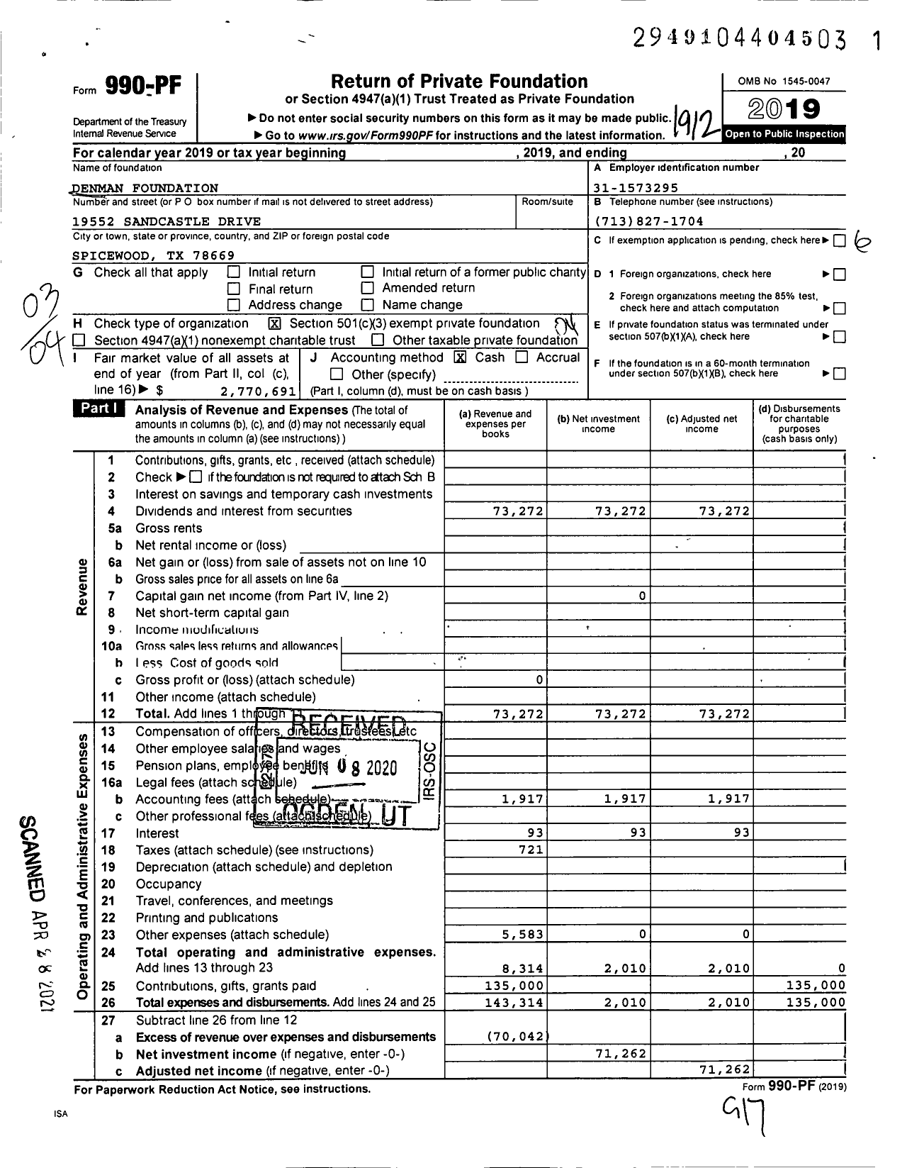 Image of first page of 2019 Form 990PF for Denman Foundation