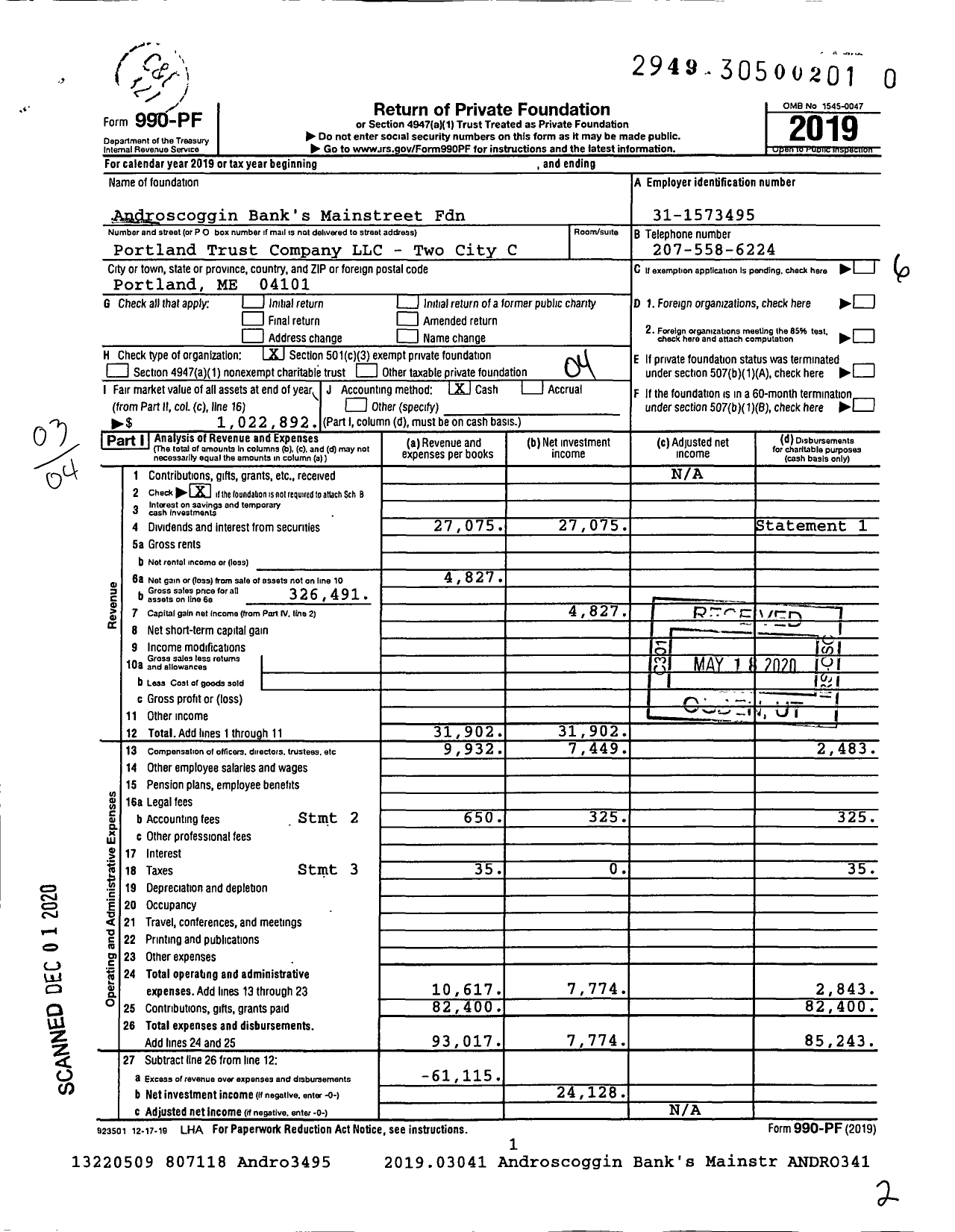 Image of first page of 2019 Form 990PF for Androscoggin Bank's Mainstreet Foundation