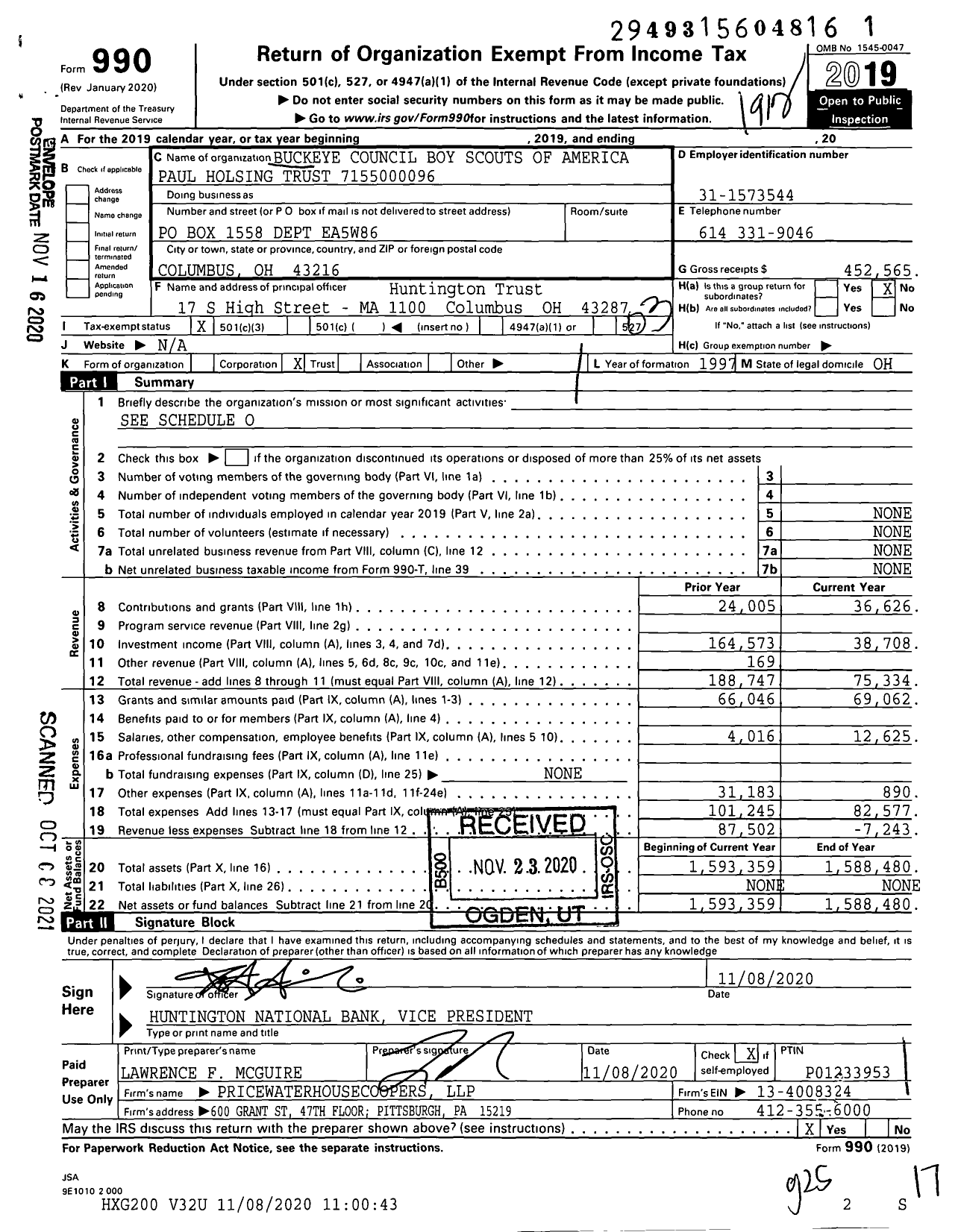 Image of first page of 2019 Form 990 for Buckeye Council Boy Scouts of America