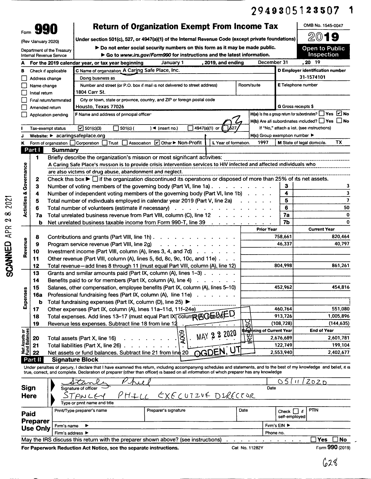 Image of first page of 2019 Form 990 for A Caring Safe Place