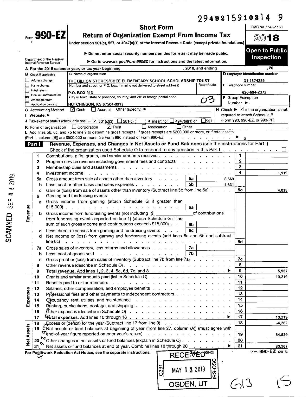 Image of first page of 2018 Form 990EZ for The Dillon Storesobee Elementary School Scholarship Trust