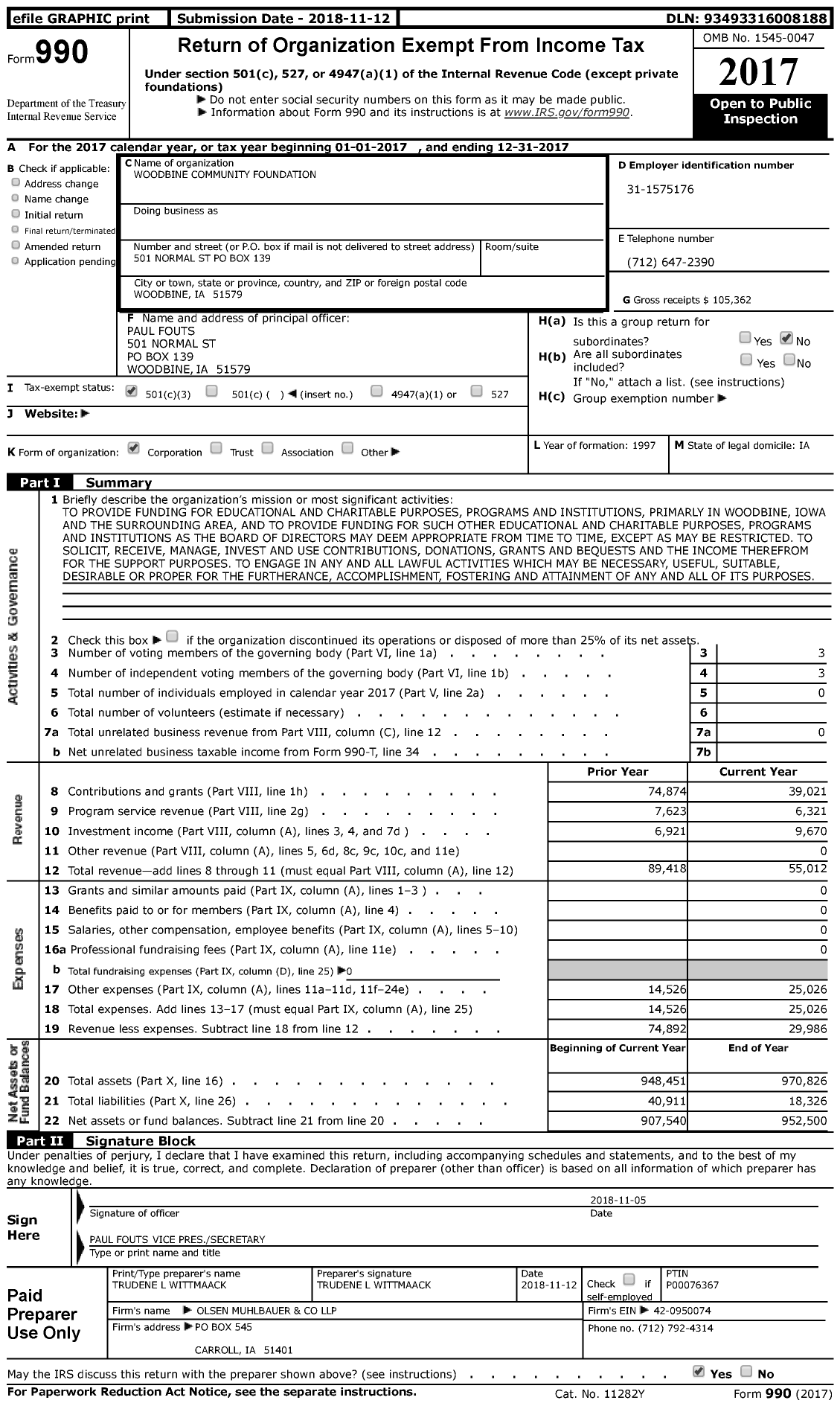 Image of first page of 2017 Form 990 for Woodbine Community Foundation