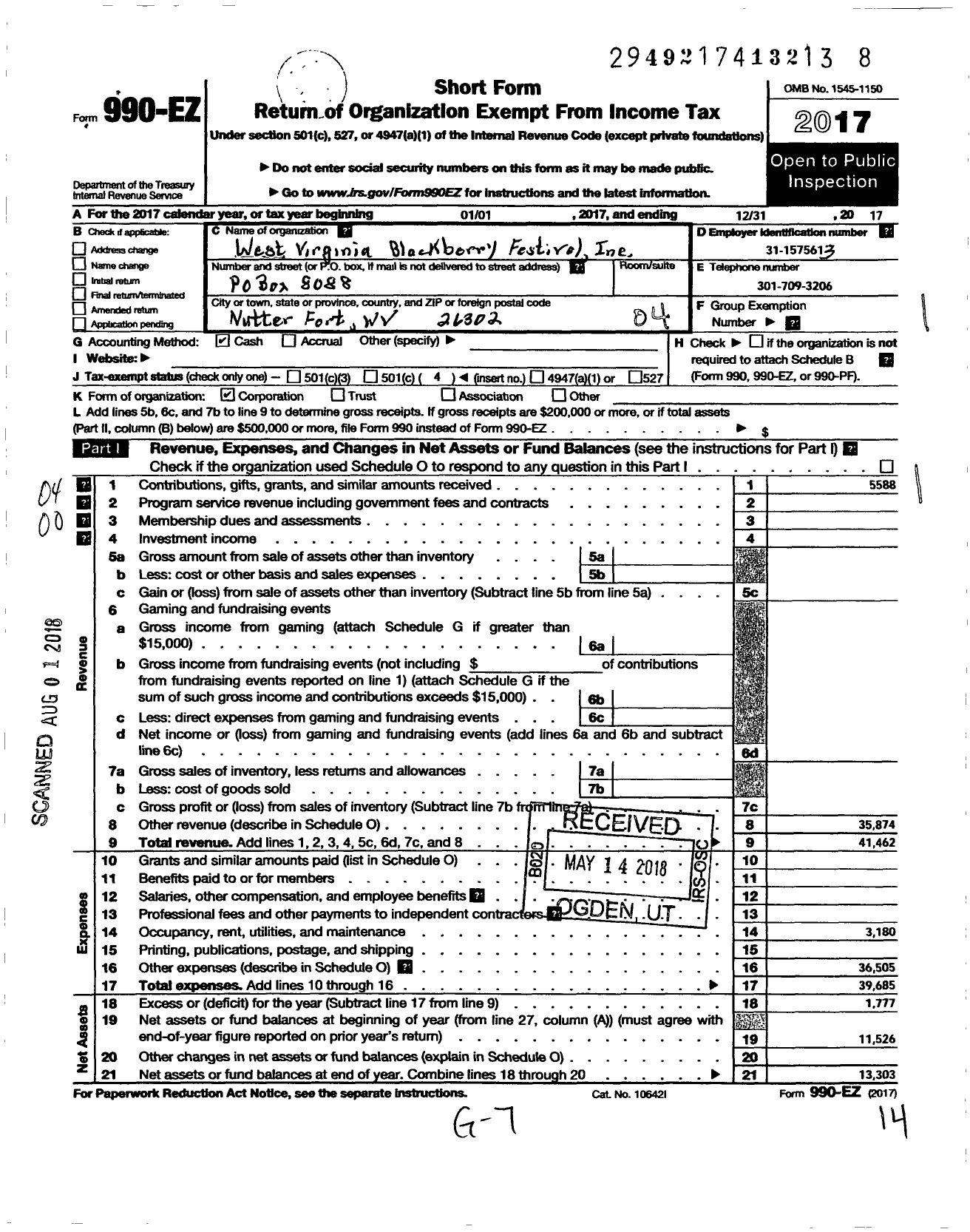 Image of first page of 2017 Form 990EO for West Virginia Blackberry Festival