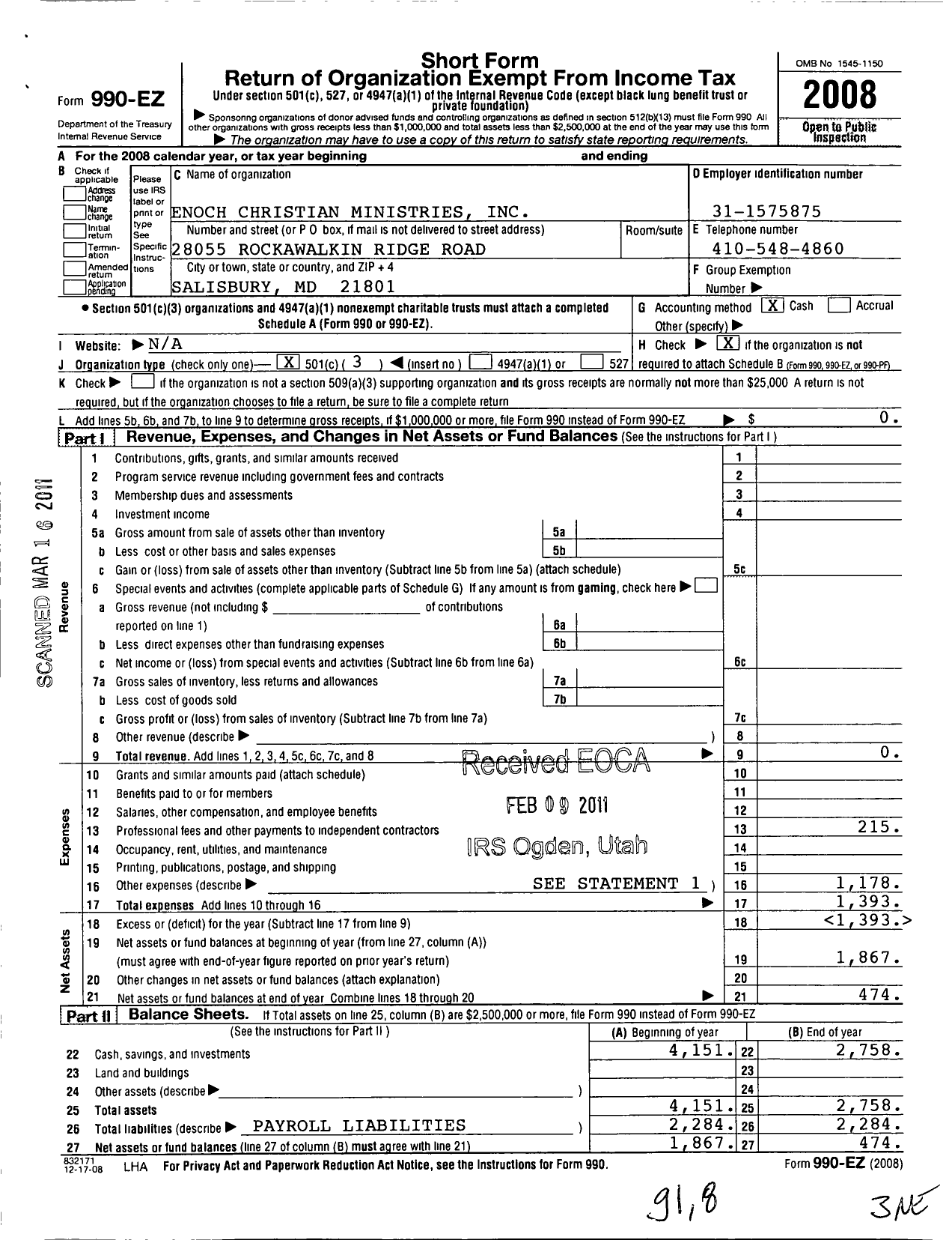 Image of first page of 2008 Form 990EZ for Enoch Christian Ministries